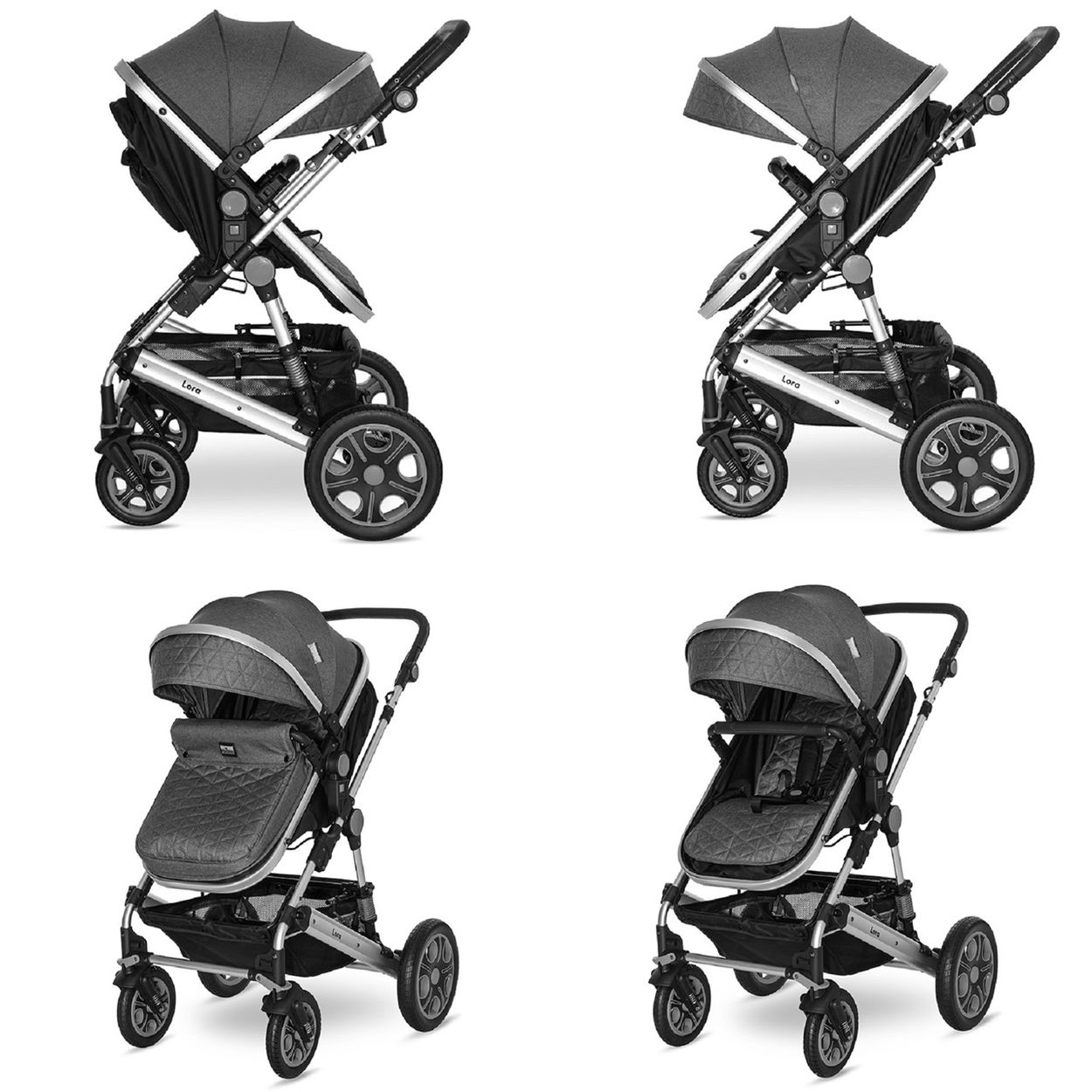 Vier Kinderwagen: zwei mit Babywanne, zwei mit Sitz. Alle grau.