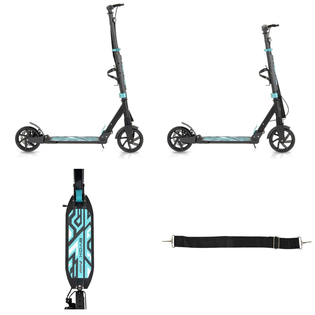 Zwei schwarze Roller mit blauen Akzenten, Tragegurt und Trittbrett.