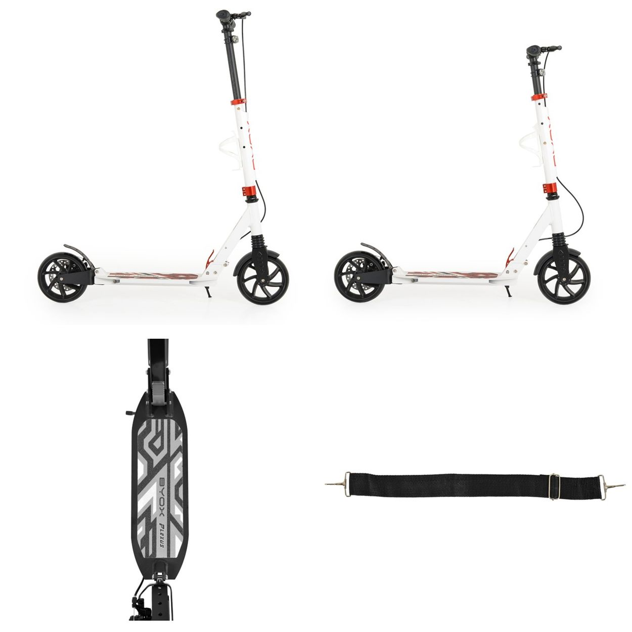 Zwei weiße Roller mit schwarzen Rädern und Griffen und roter Akzentuierung.