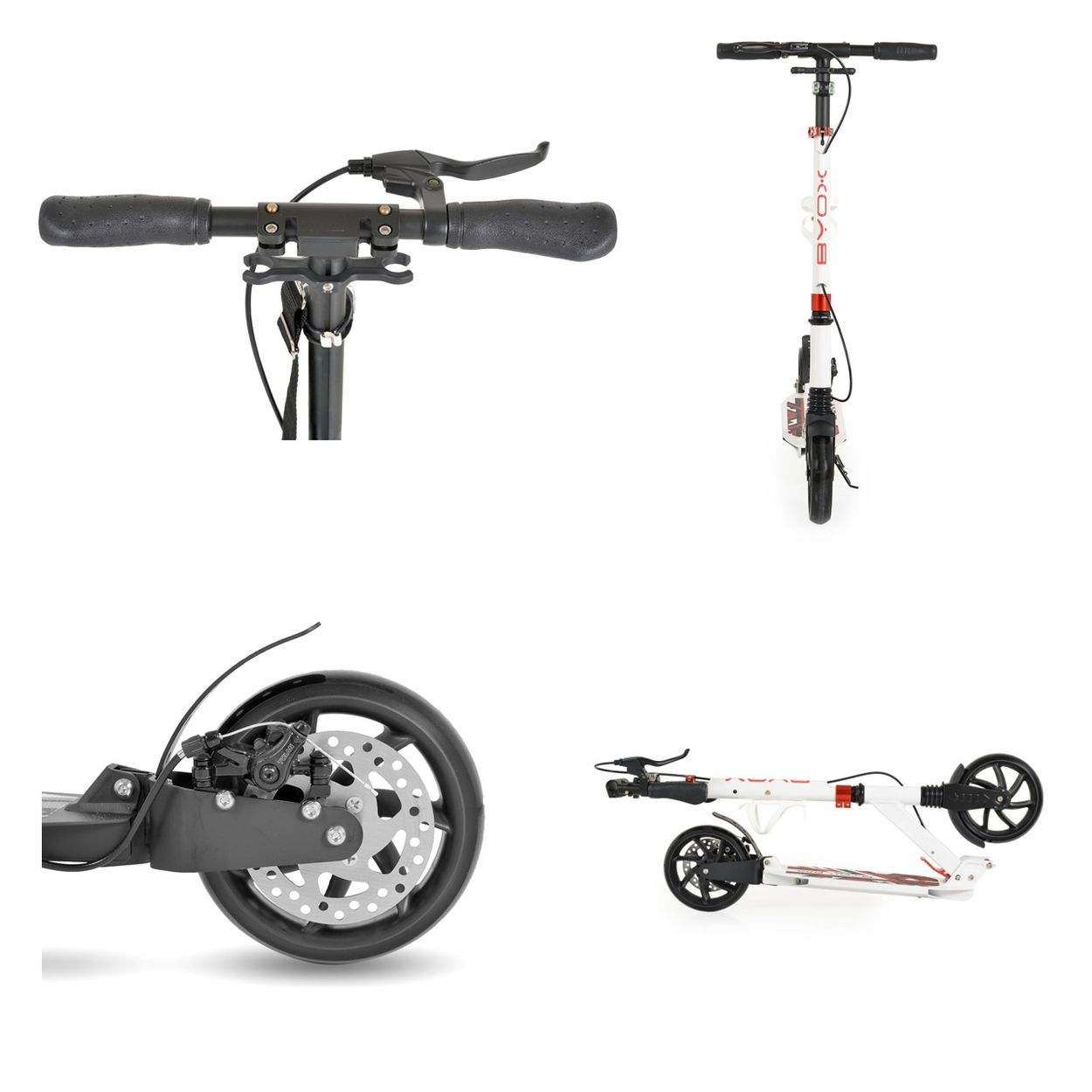Weißer Roller mit roten Akzenten, zusammengeklappt und aufrecht gezeigt.