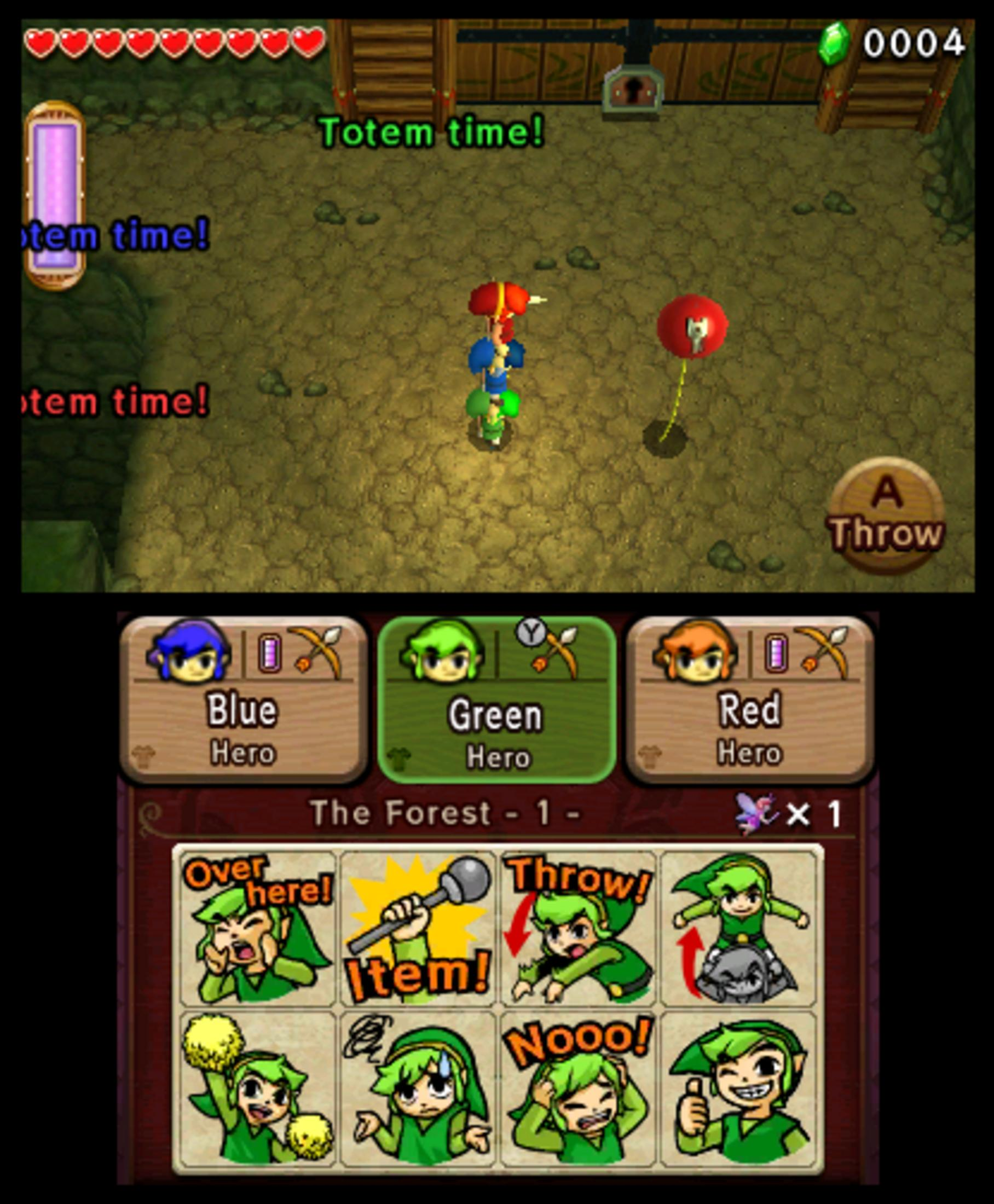 Drei Links stapeln sich, um einen Totem zu bilden. Unten sind Optionen für Helden und Emotes.