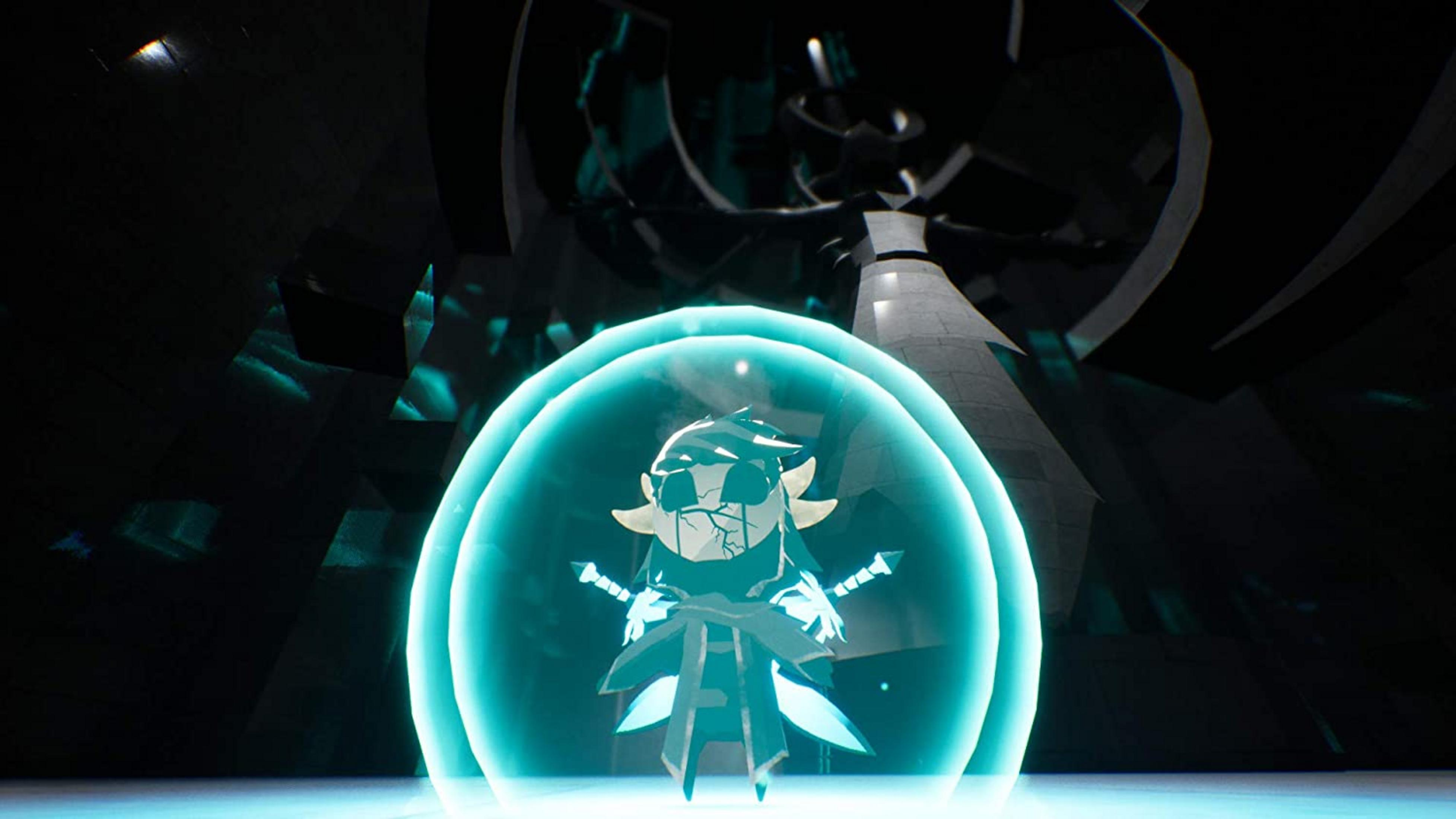 Eine stilisierte Figur in einem blauen Energieschild steht vor einer dunklen, geometrischen Kulisse.
