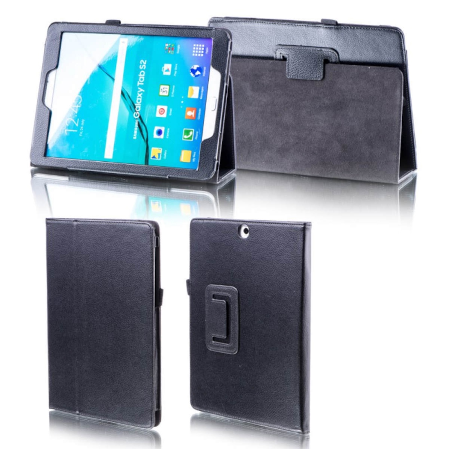 Ein schwarzes Tablet in einer Lederhülle, auf dem Startbildschirm.