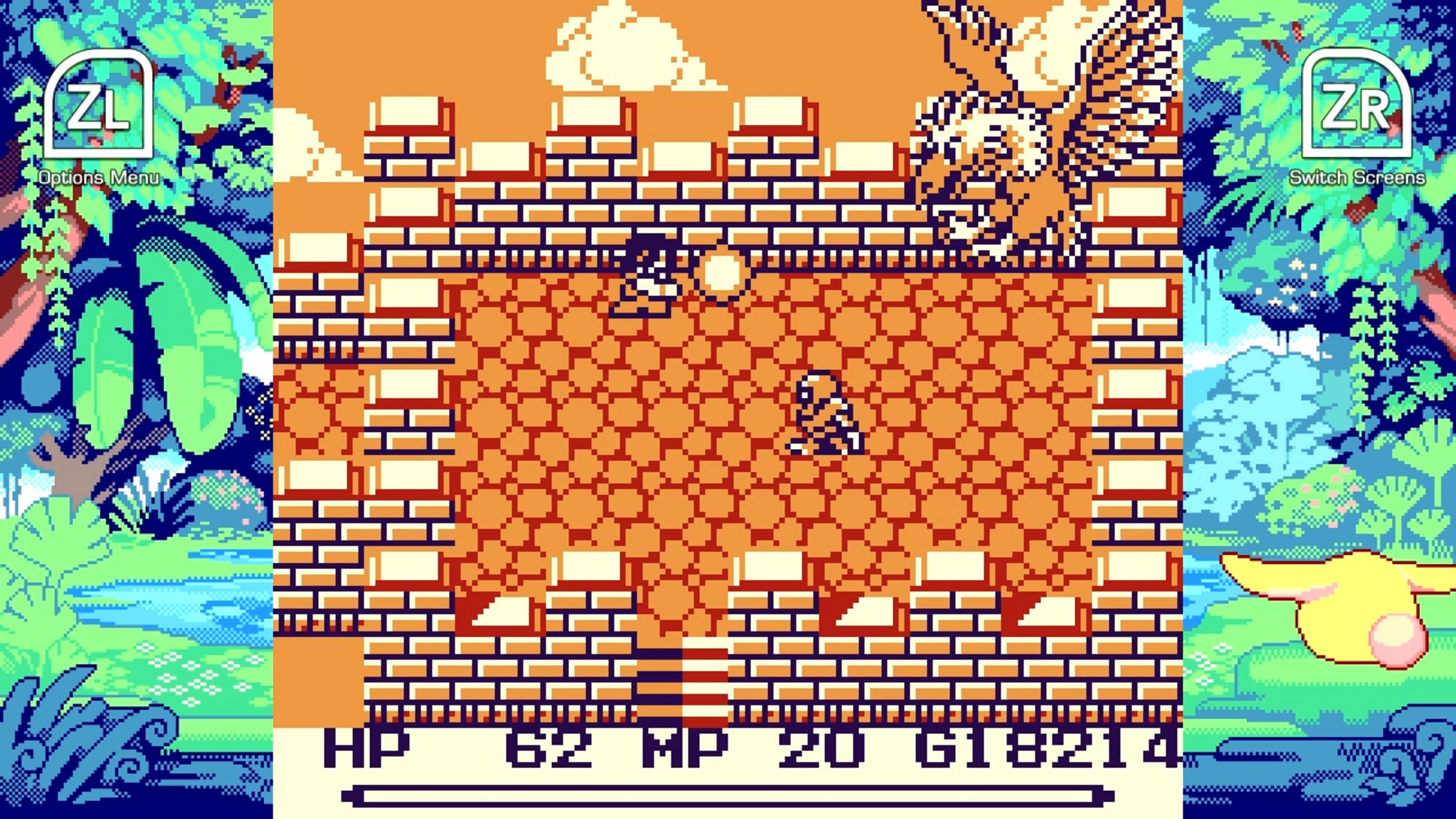 Scena di gioco a 8 bit: un cavaliere combatte un grifone sopra un muro di mattoni.