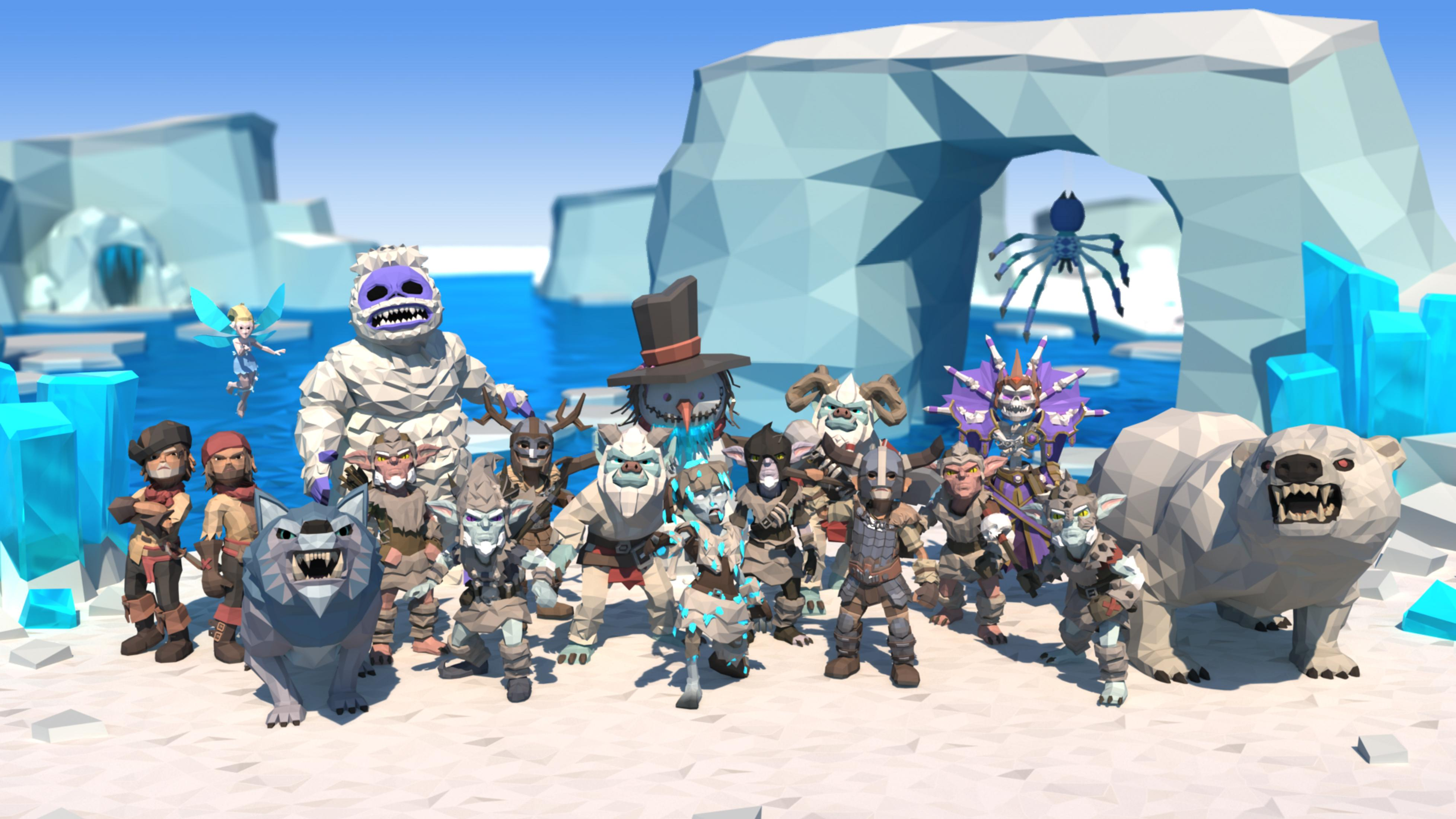 Eine Gruppe von Fantasy-Kreaturen und Tieren steht auf Eis und Schnee.