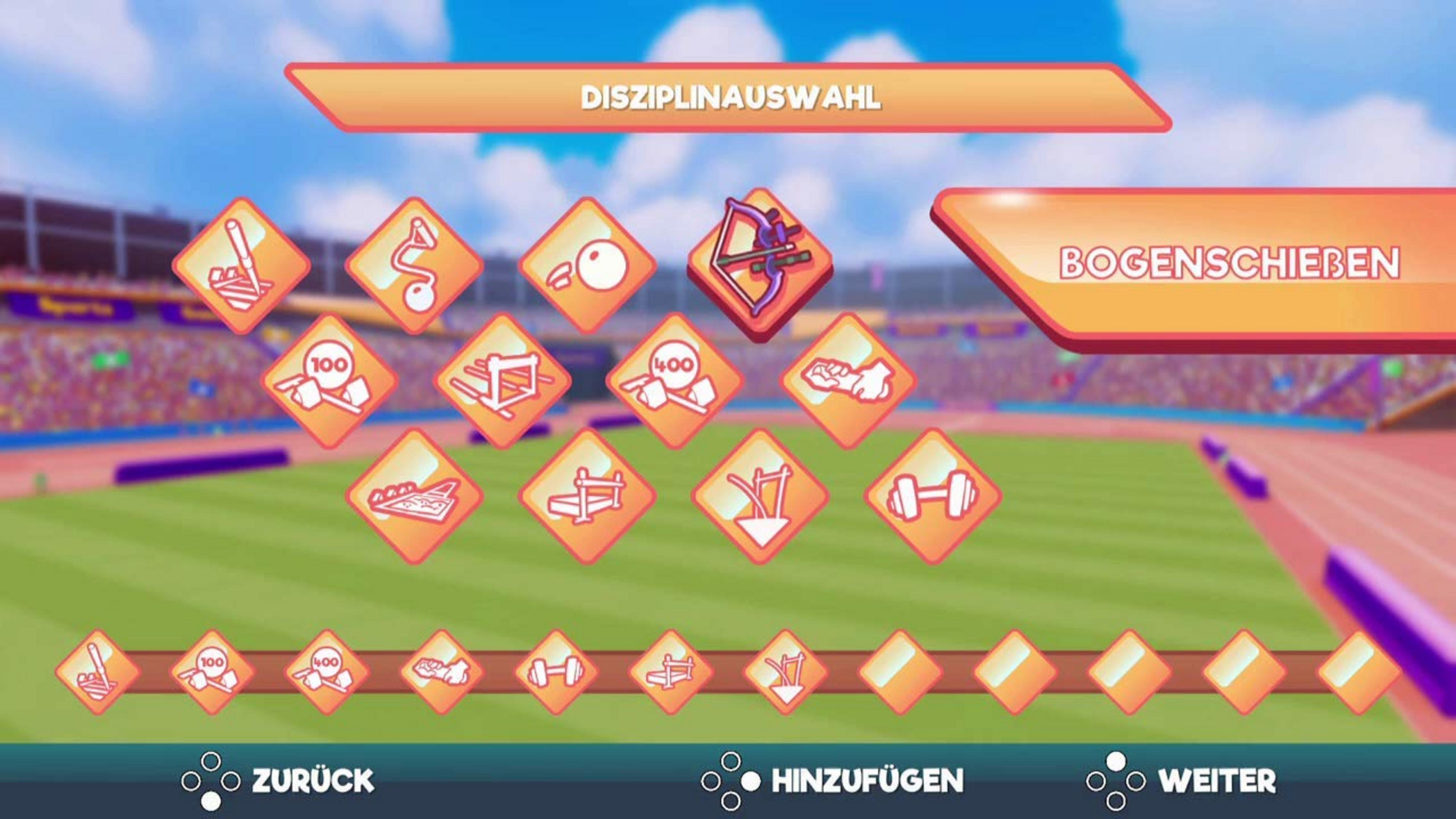 Spielmenü mit Sportdisziplinen wie Bogenschießen. Auswahloptionen unten.