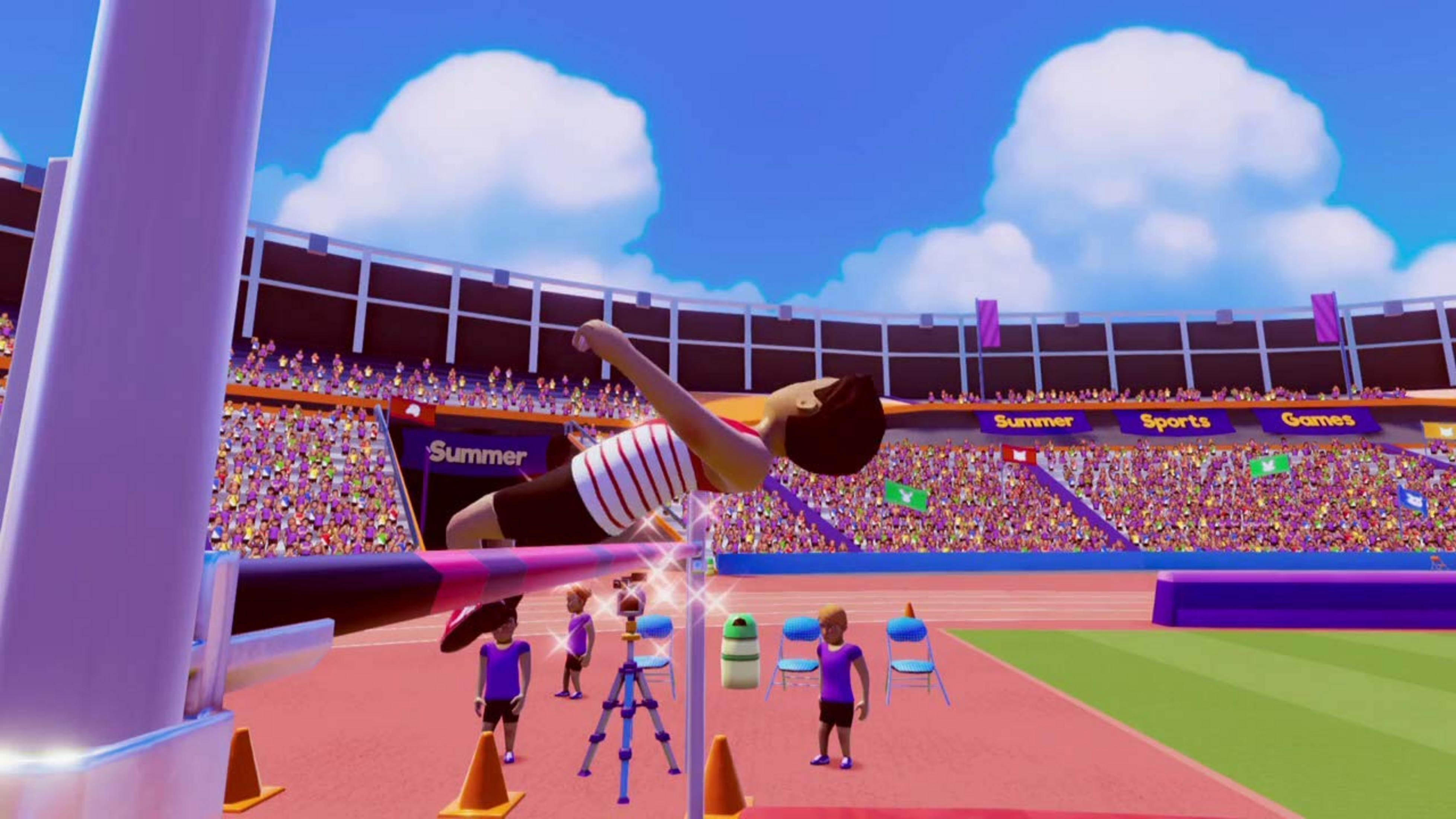 Ein Sportler springt über eine Hürde in einem Stadion voller Zuschauer.