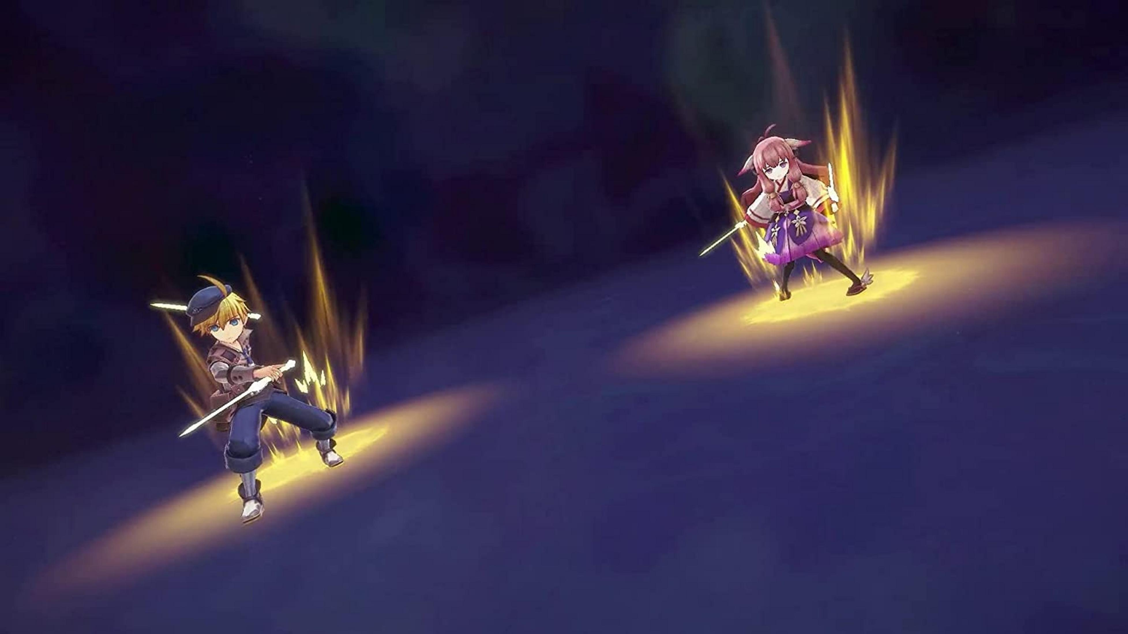 Zwei Anime-Charaktere mit Schwertern stehen sich in dunkler Umgebung gegenüber.