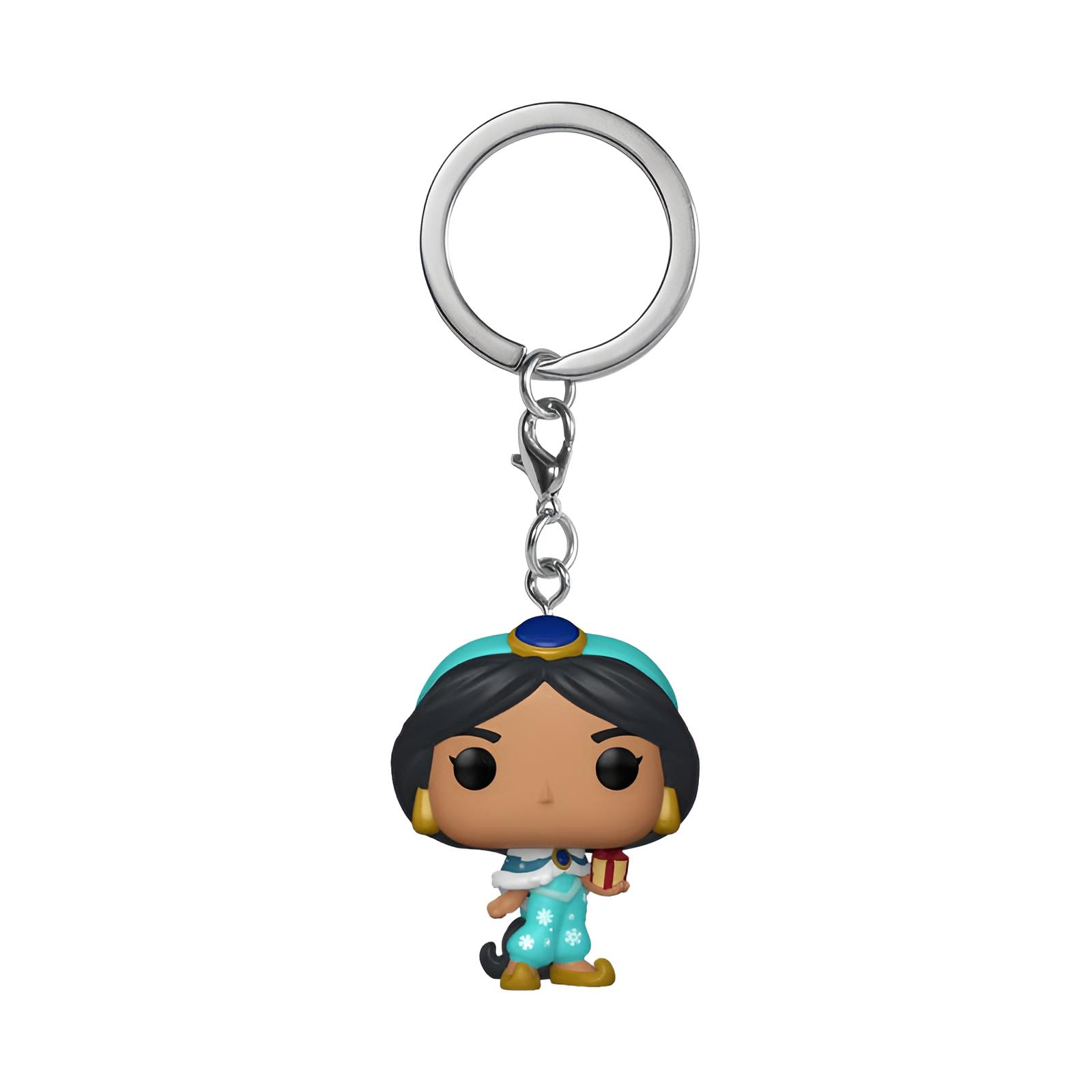 Ein Funko Pop Schlüsselanhänger von Prinzessin Jasmine mit einem Geschenk.