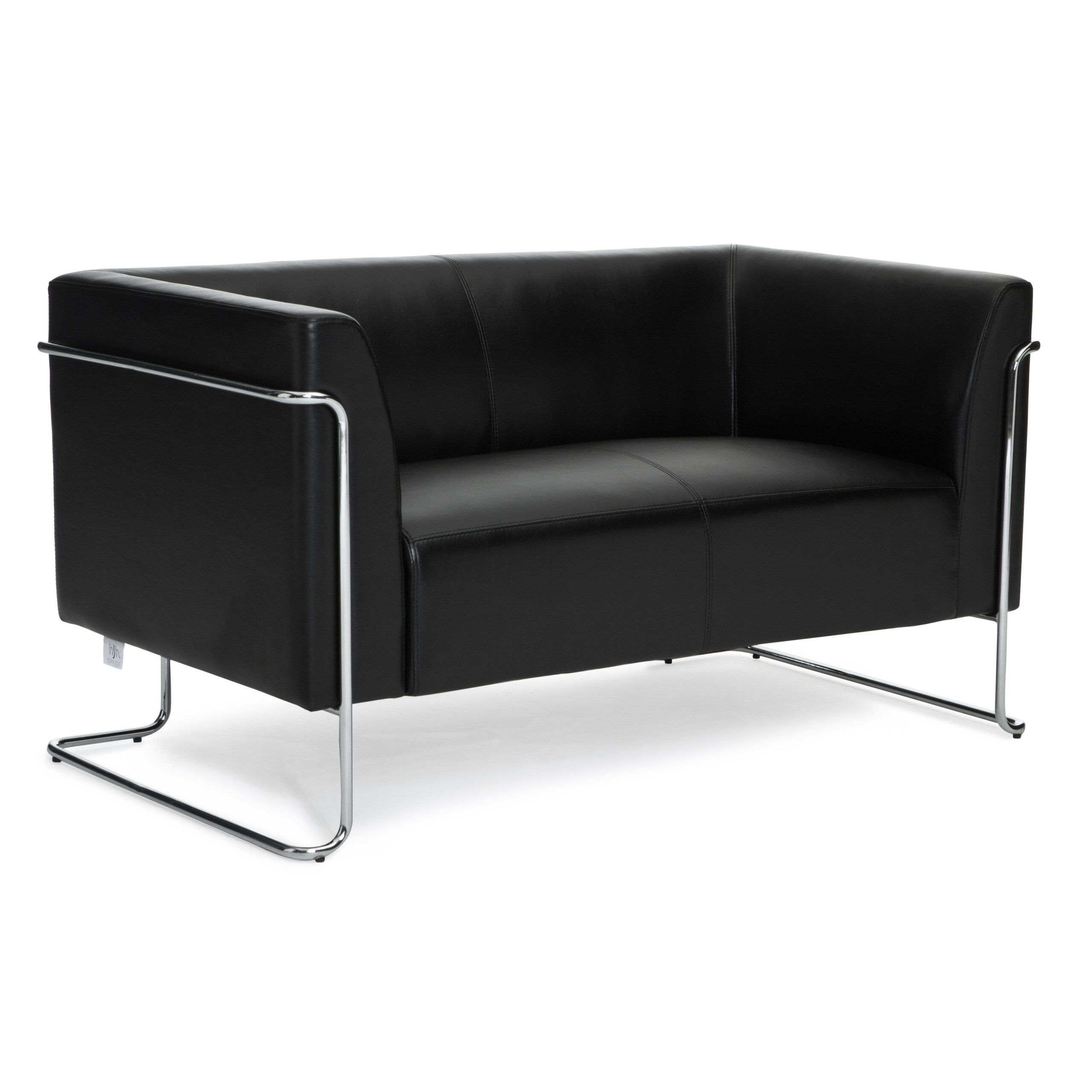 Schwarzes Leder zweisitziges Sofa mit glänzenden Chromrahmen und Beinen.
