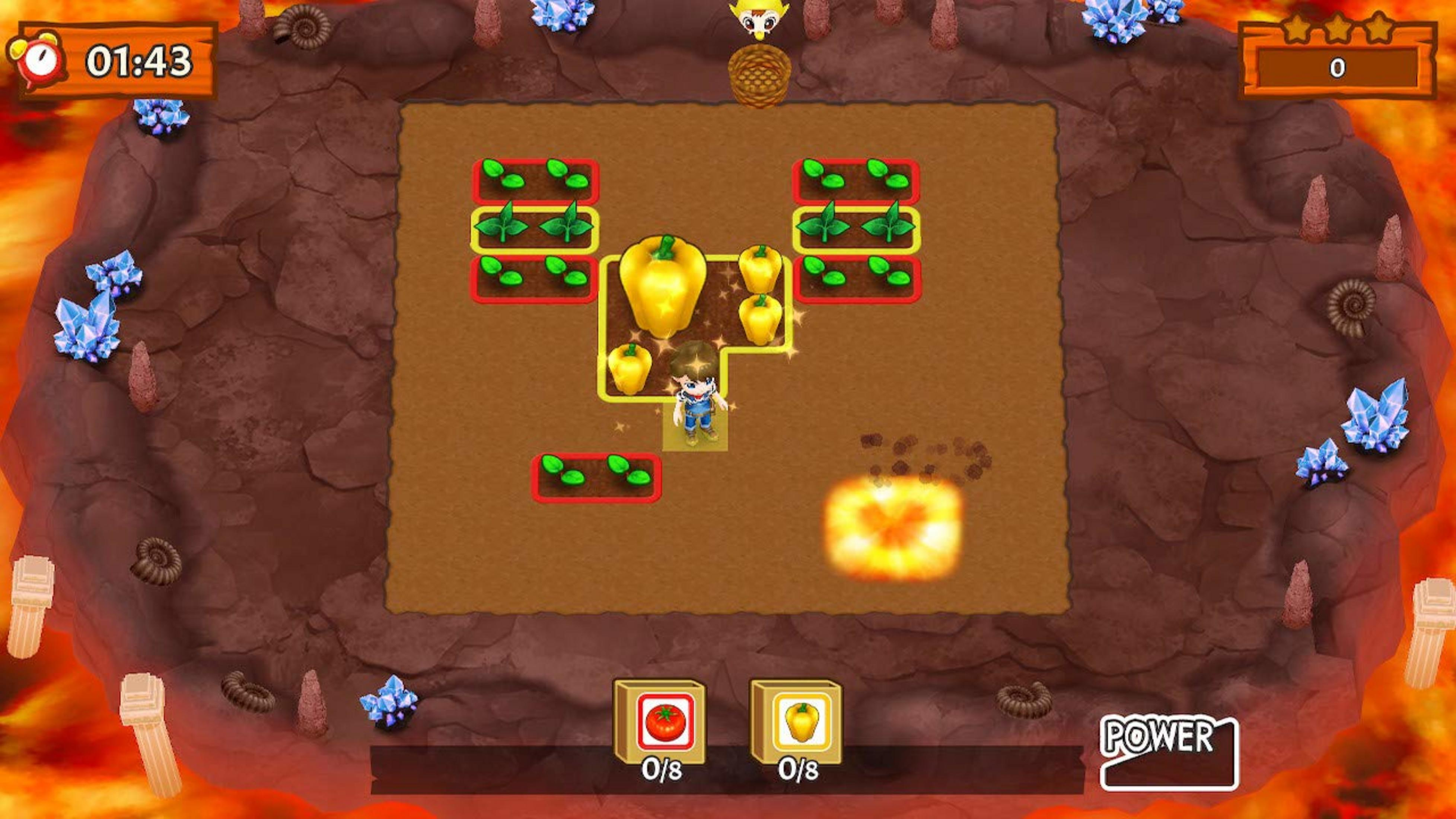 Spielercharakter in Höhle mit Pflanzen, Paprika und Kristallen.