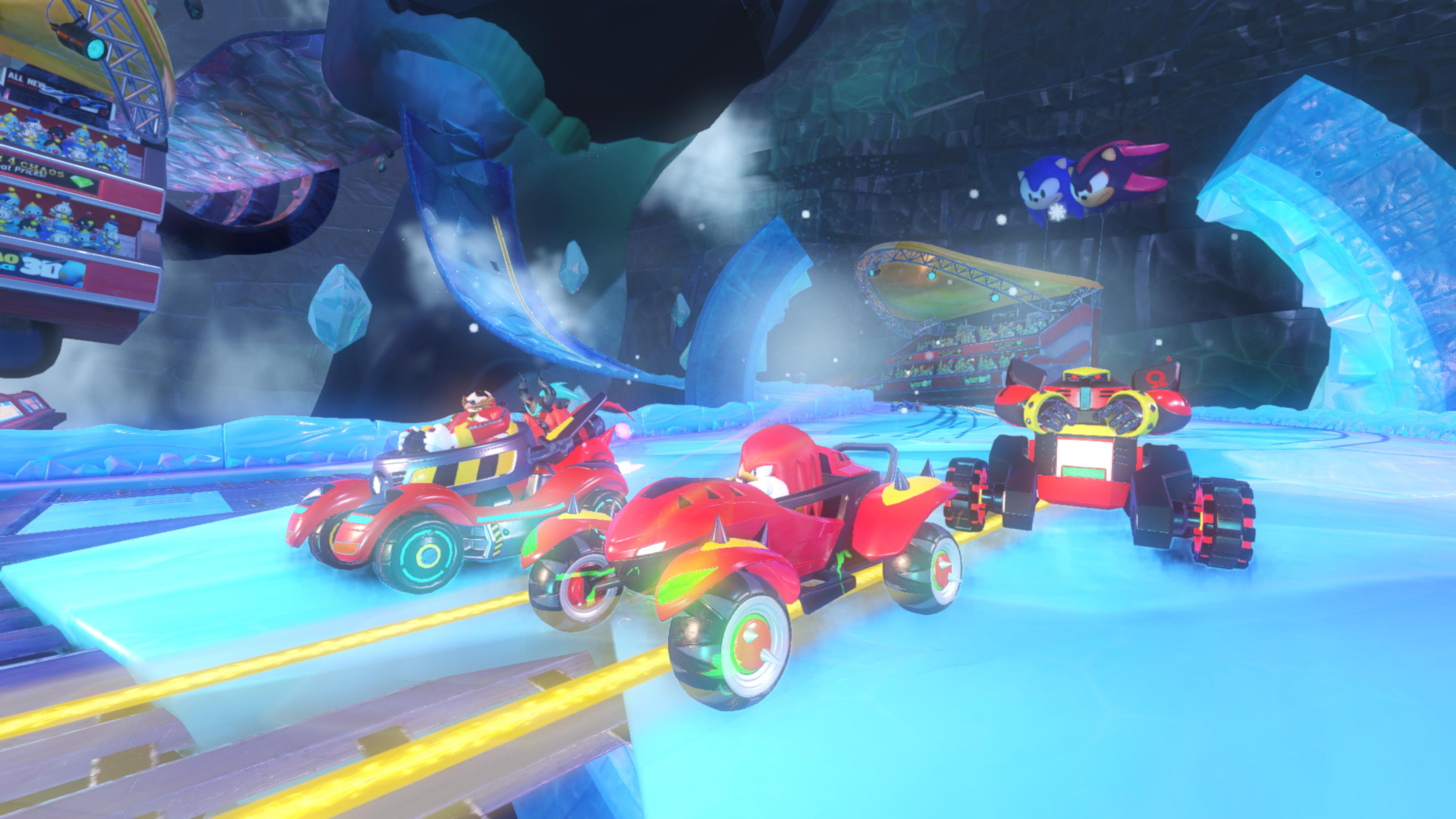 Drei Rennwagen auf einer Eisbahn mit Sonic und Shadow-Ballons.