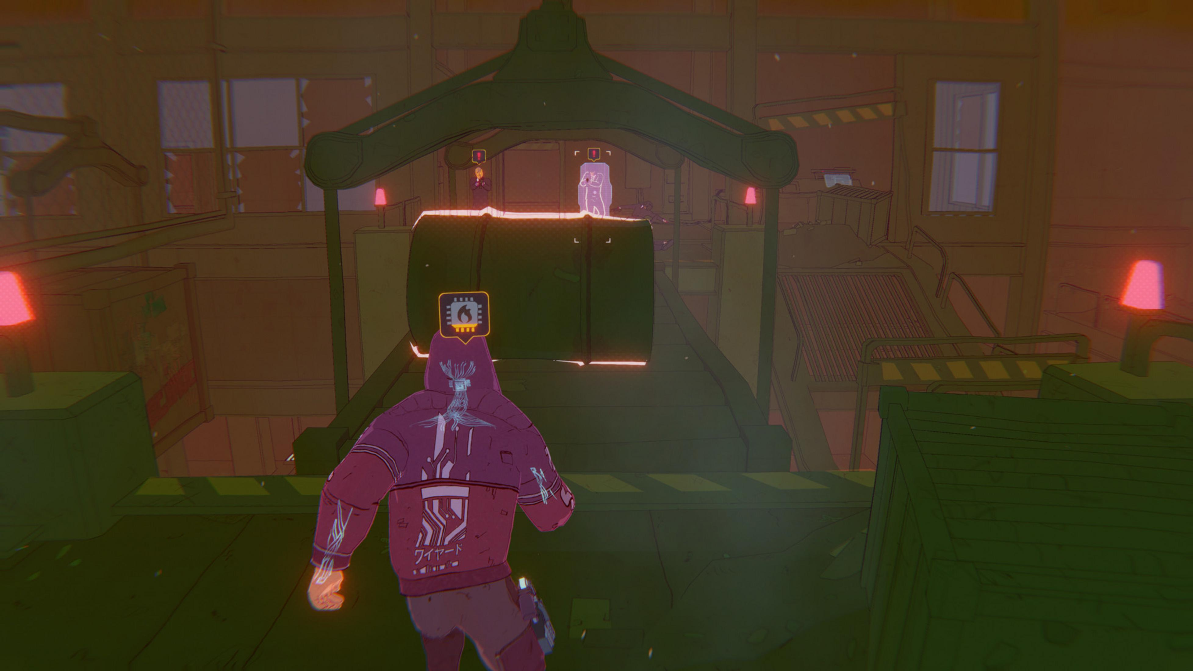 Ein Spieler in einem lila Hoodie auf einer Plattform mit anderen Figuren.