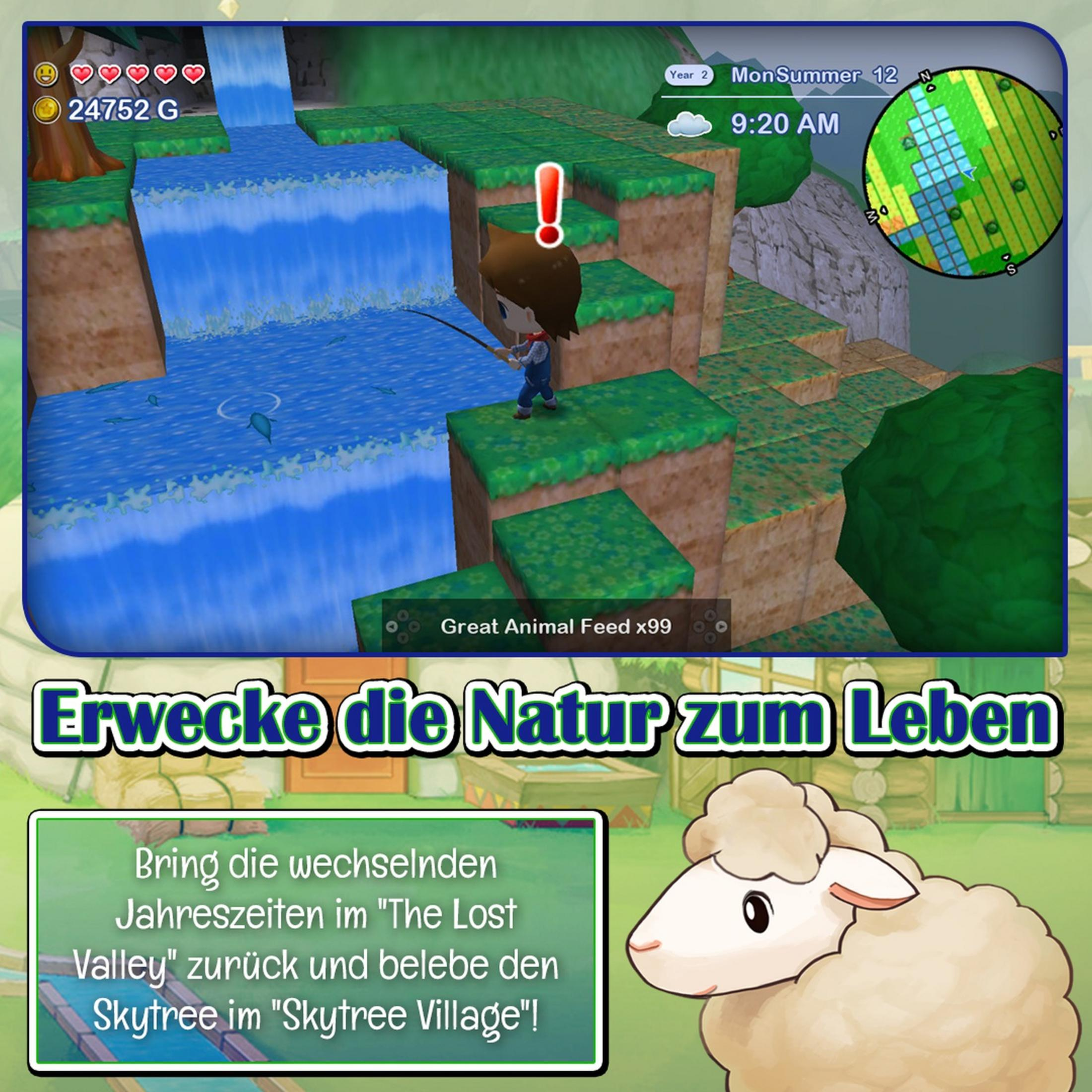 Un personaggio pesca vicino a una cascata; mappa e informazioni di gioco visibili.
