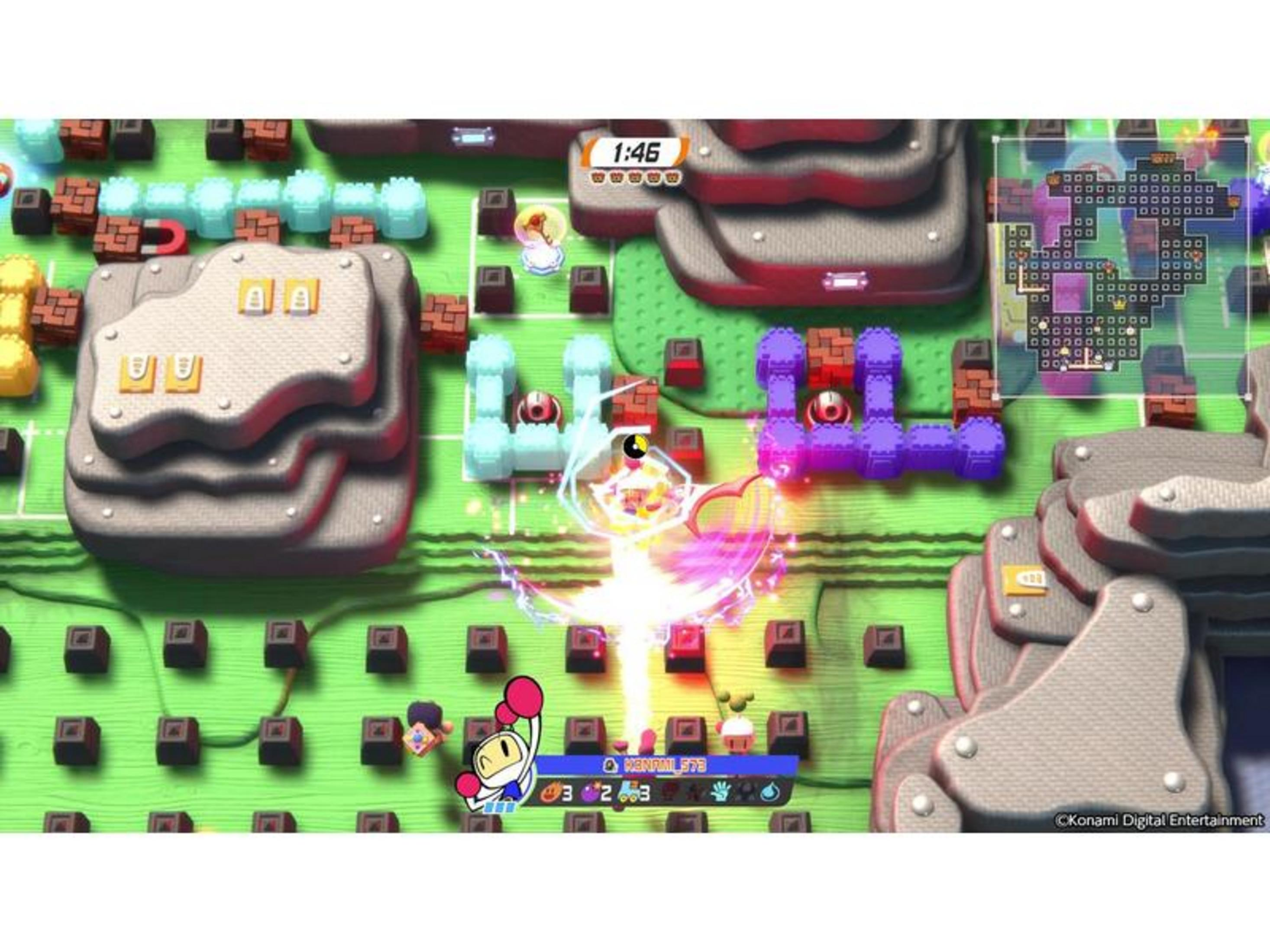 Bomberman-Spiel: Charaktere auf grünem Feld, mit Blöcken und Energieeffekten.