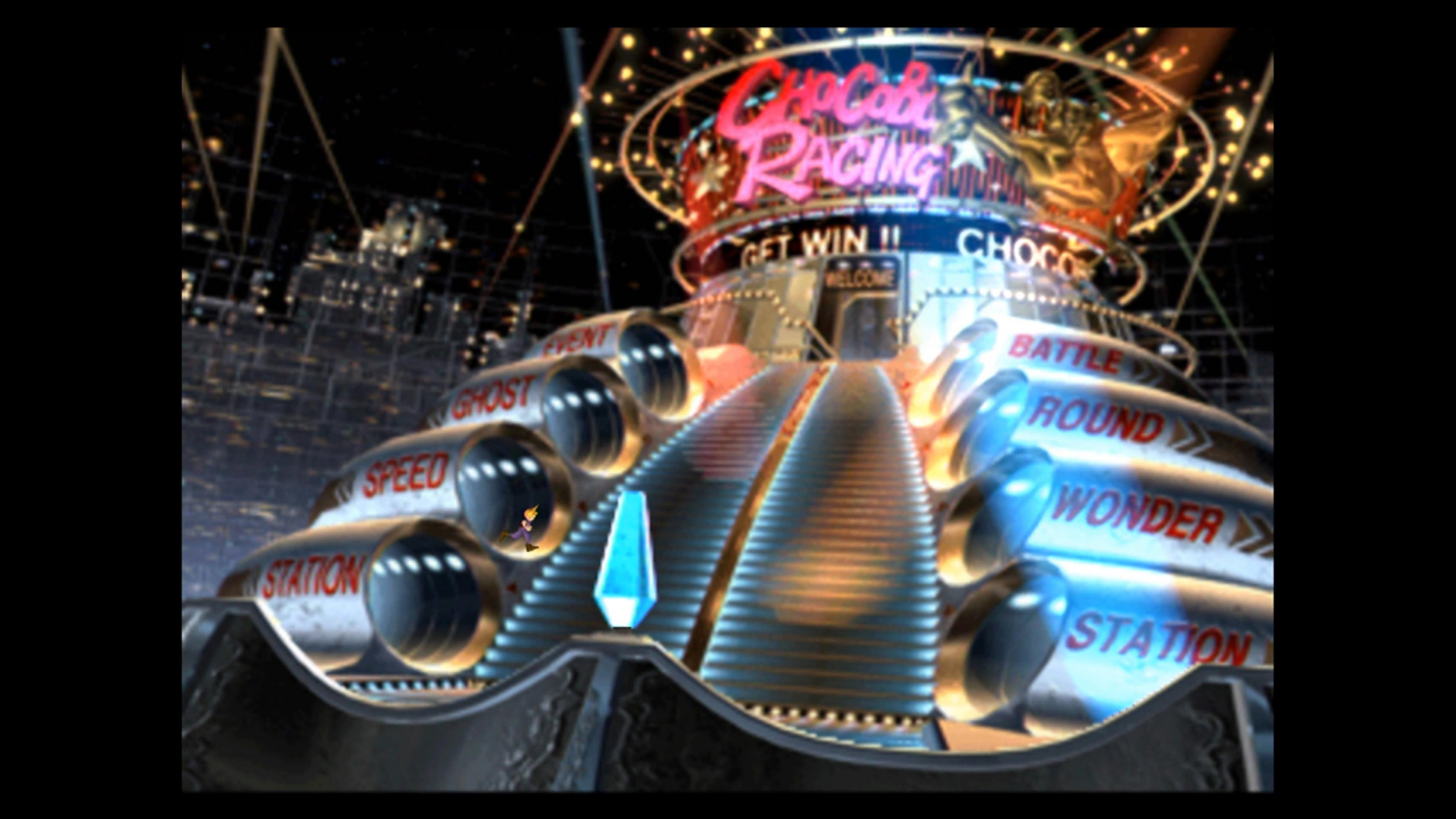 Arena Chocobo Racing con luci e insegne come 'Stazione', 'Velocità', 'Battaglia'.