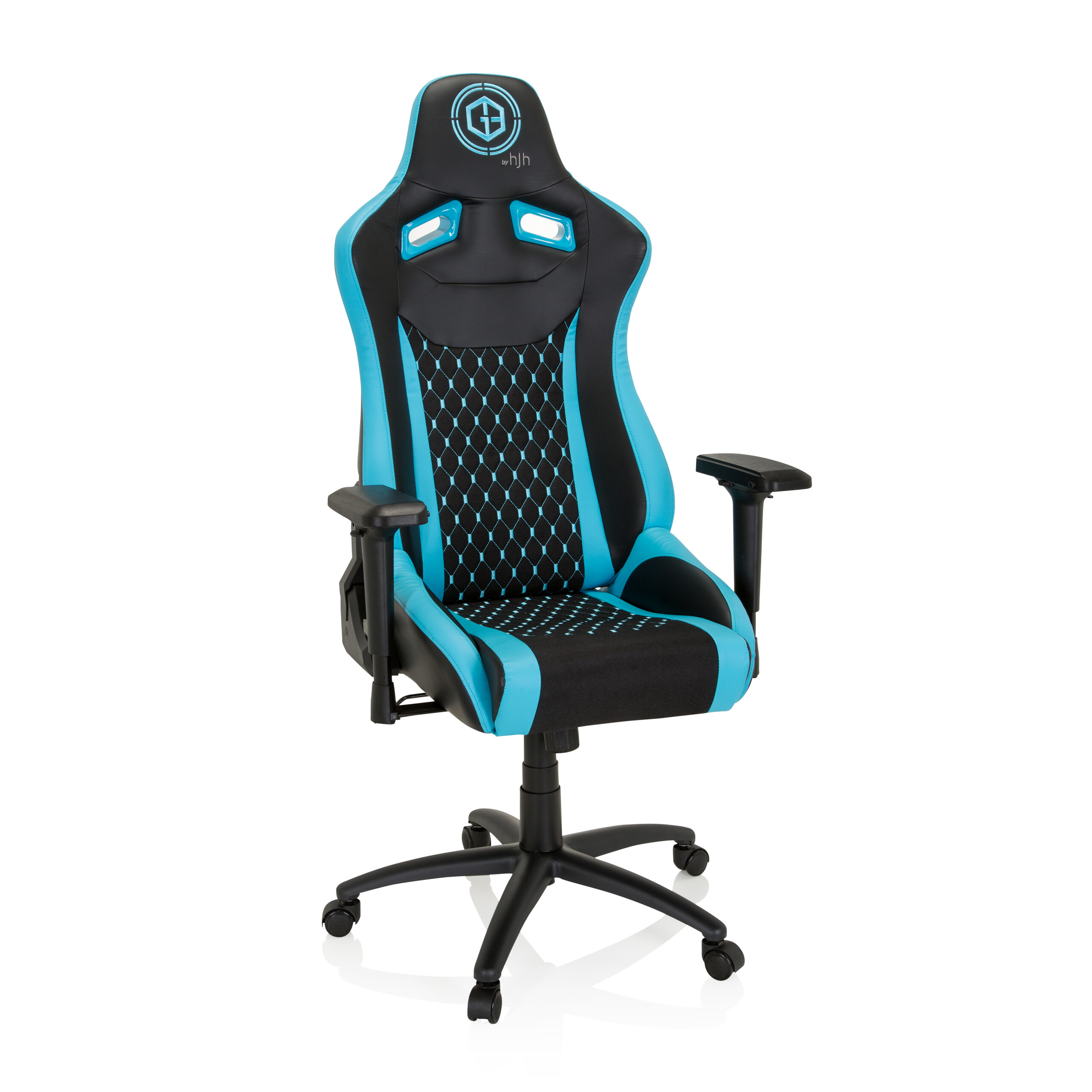 Ein schwarzer Gaming-Stuhl mit blauen Akzenten und Netzmuster auf weißem Hintergrund.