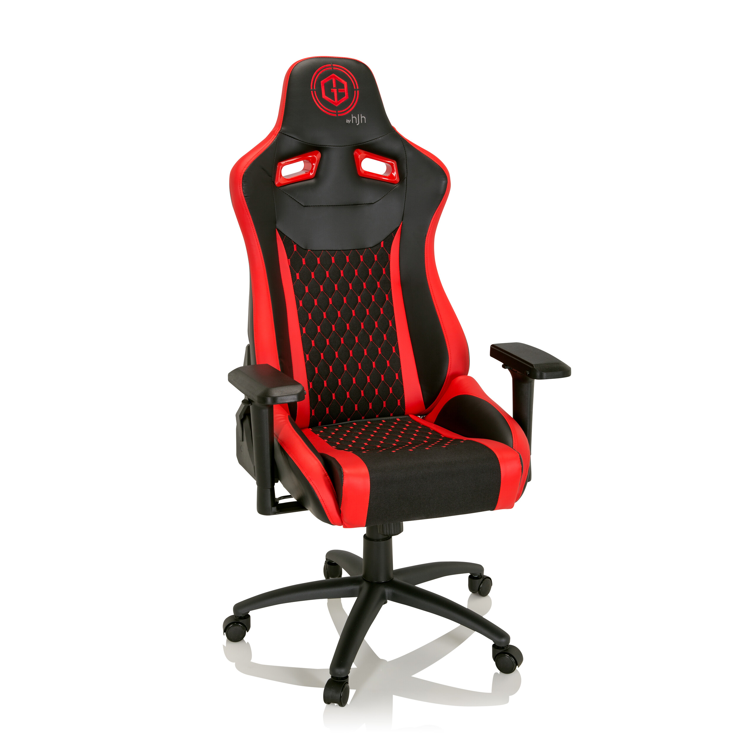Ein schwarzer und roter Gaming-Stuhl mit Rädern und Armlehnen.