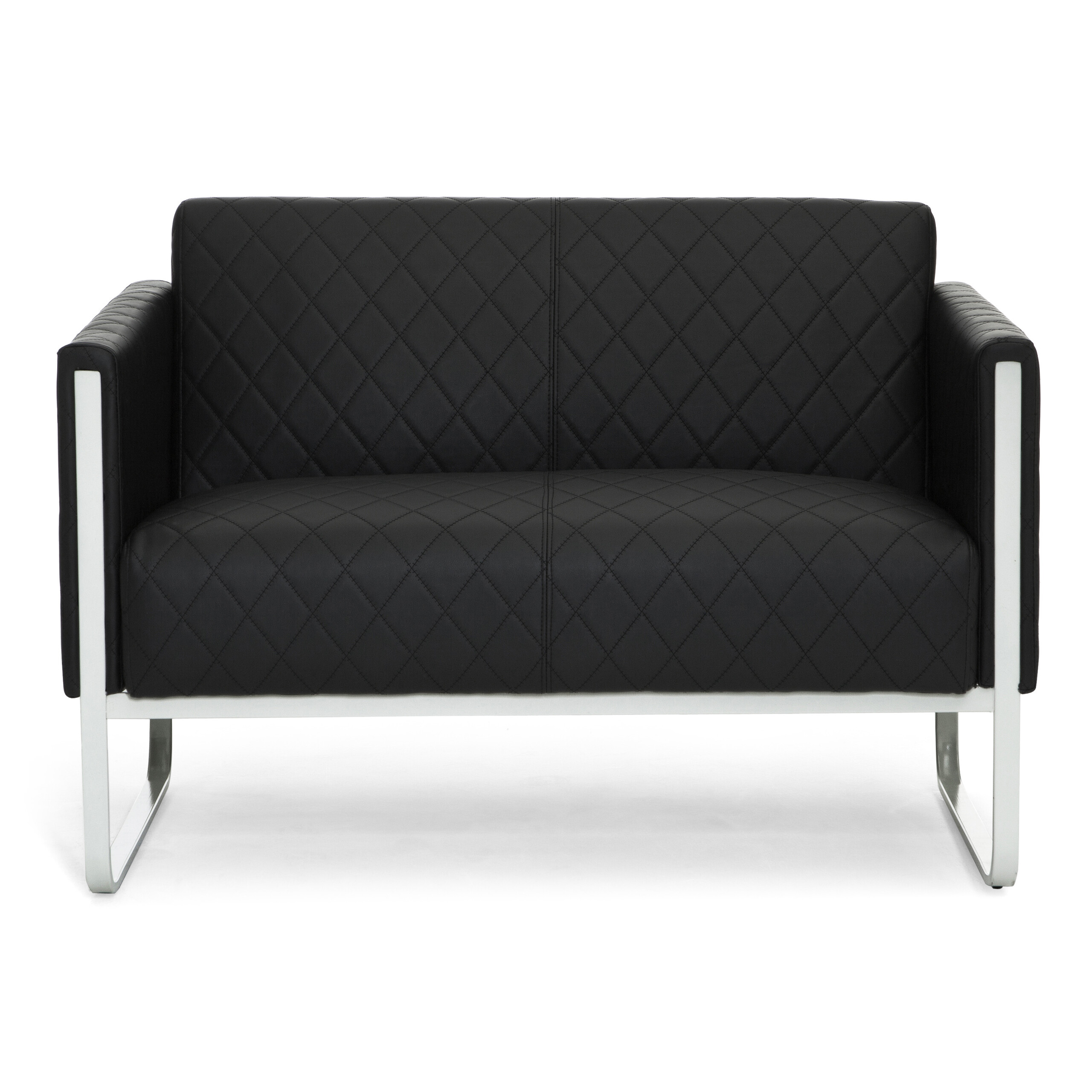 Schwarzes Leder-Sofa mit Rautensteppung und silbernem Metallrahmen.
