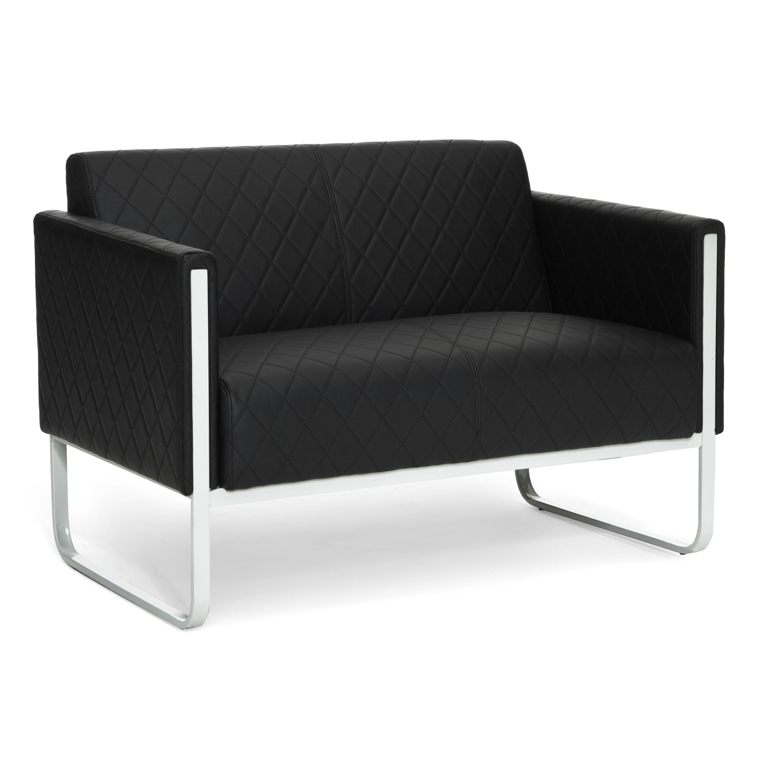 Schwarzes Rautenmuster-Sofa mit weißen Metallbeinen.