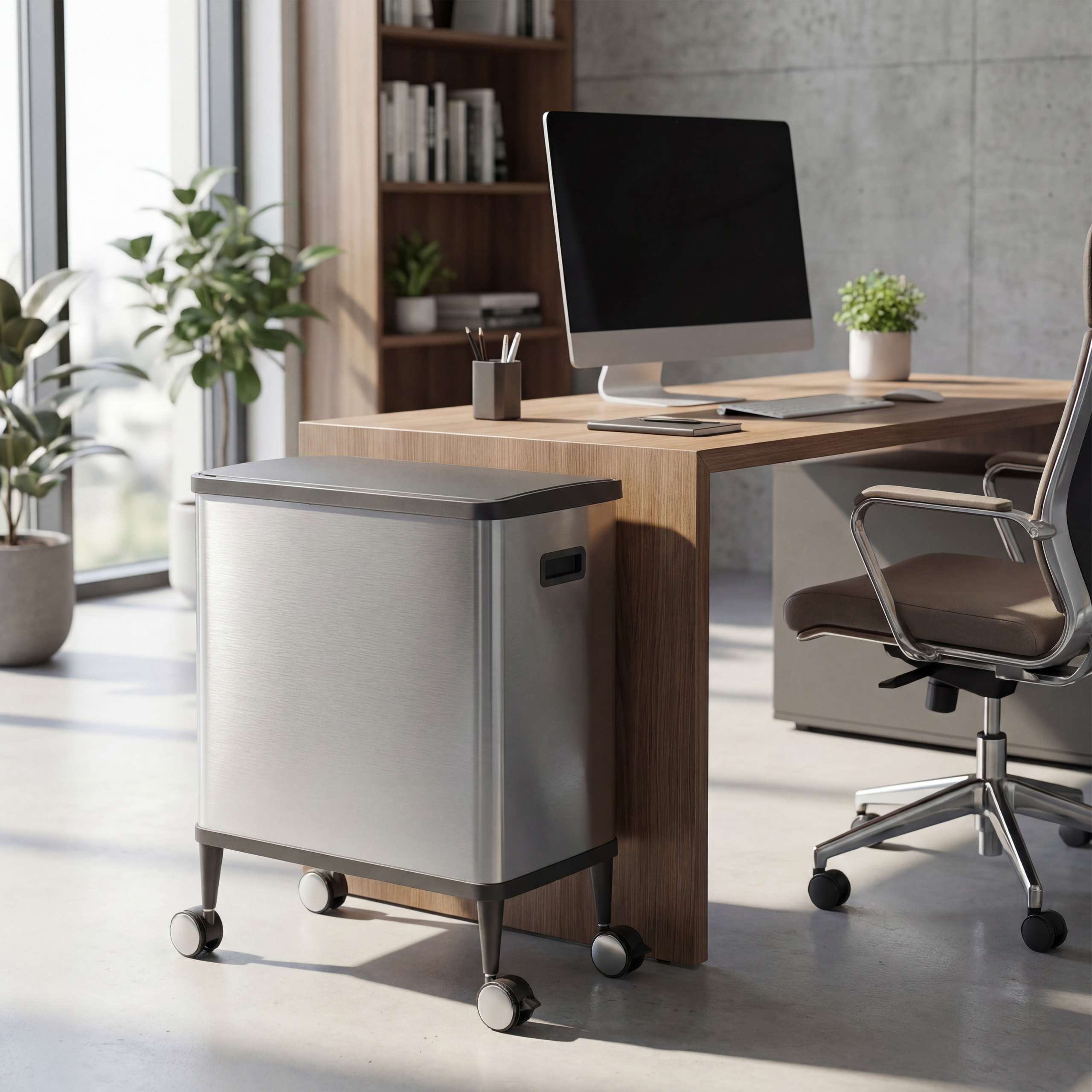 Moderner Bürostuhl und Schreibtisch mit Computer und Pflanzen im hellen Raum.