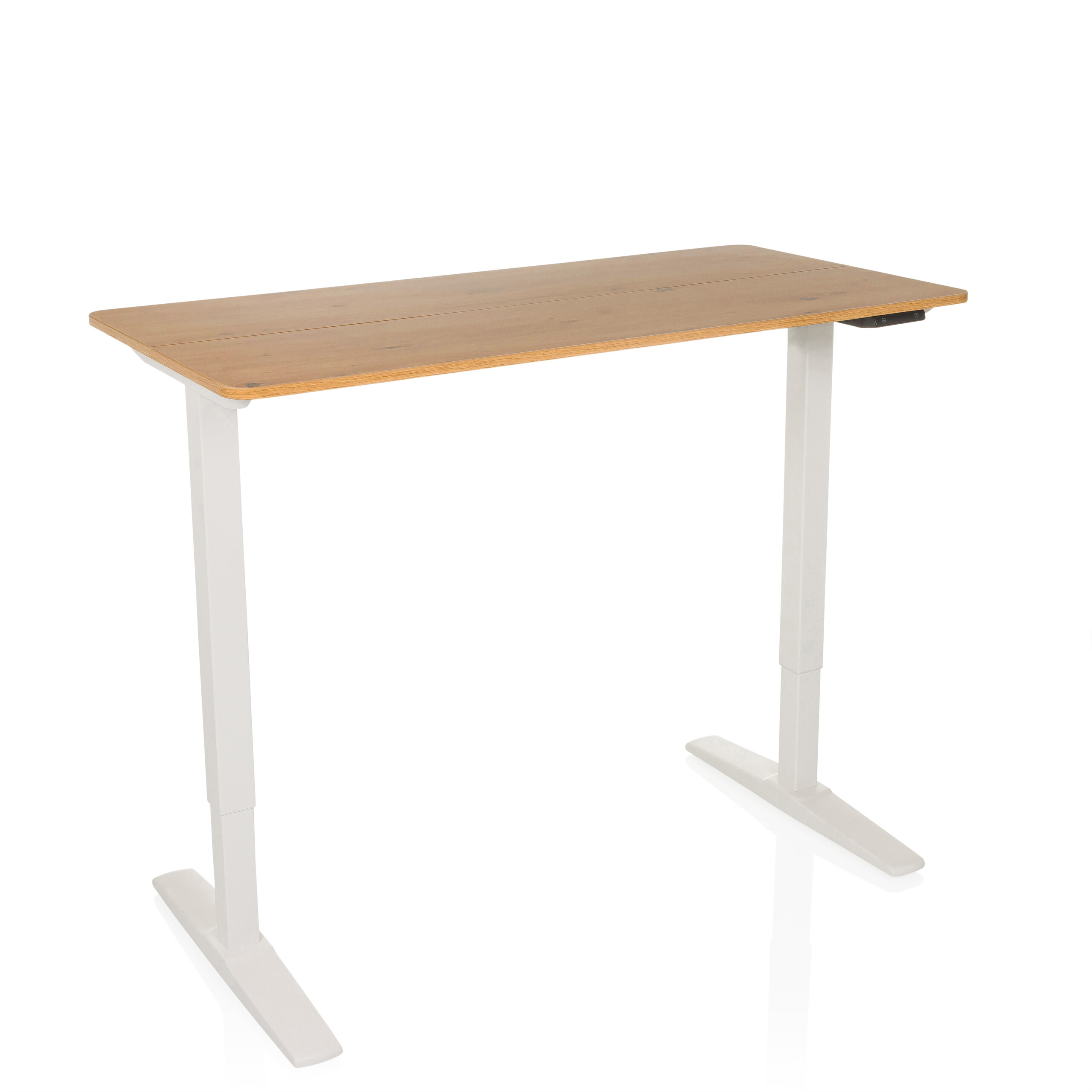 Ein höhenverstellbarer Schreibtisch mit Holzplatte und weißen Beinen.