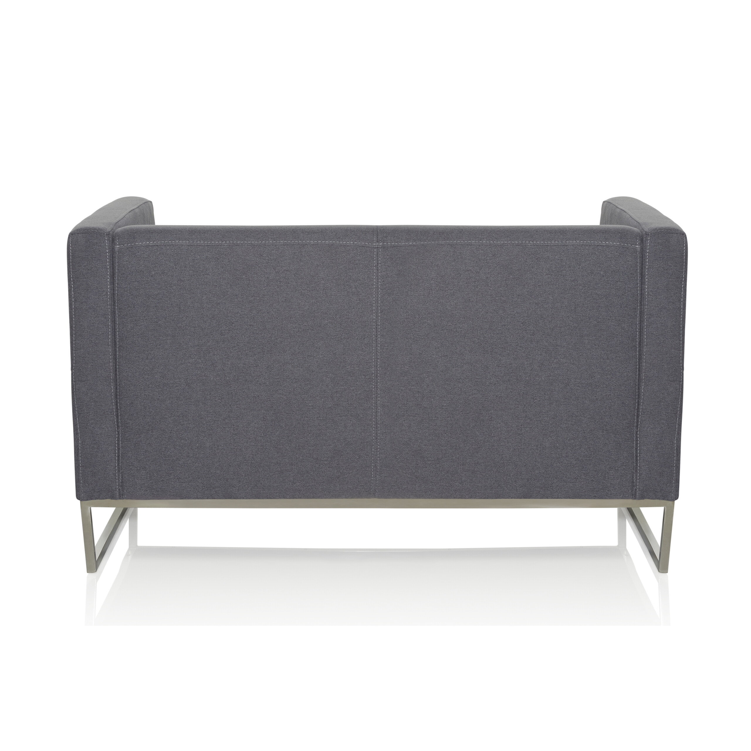 Grauer Stoffsofa mit Metallbeinen, Rückansicht.