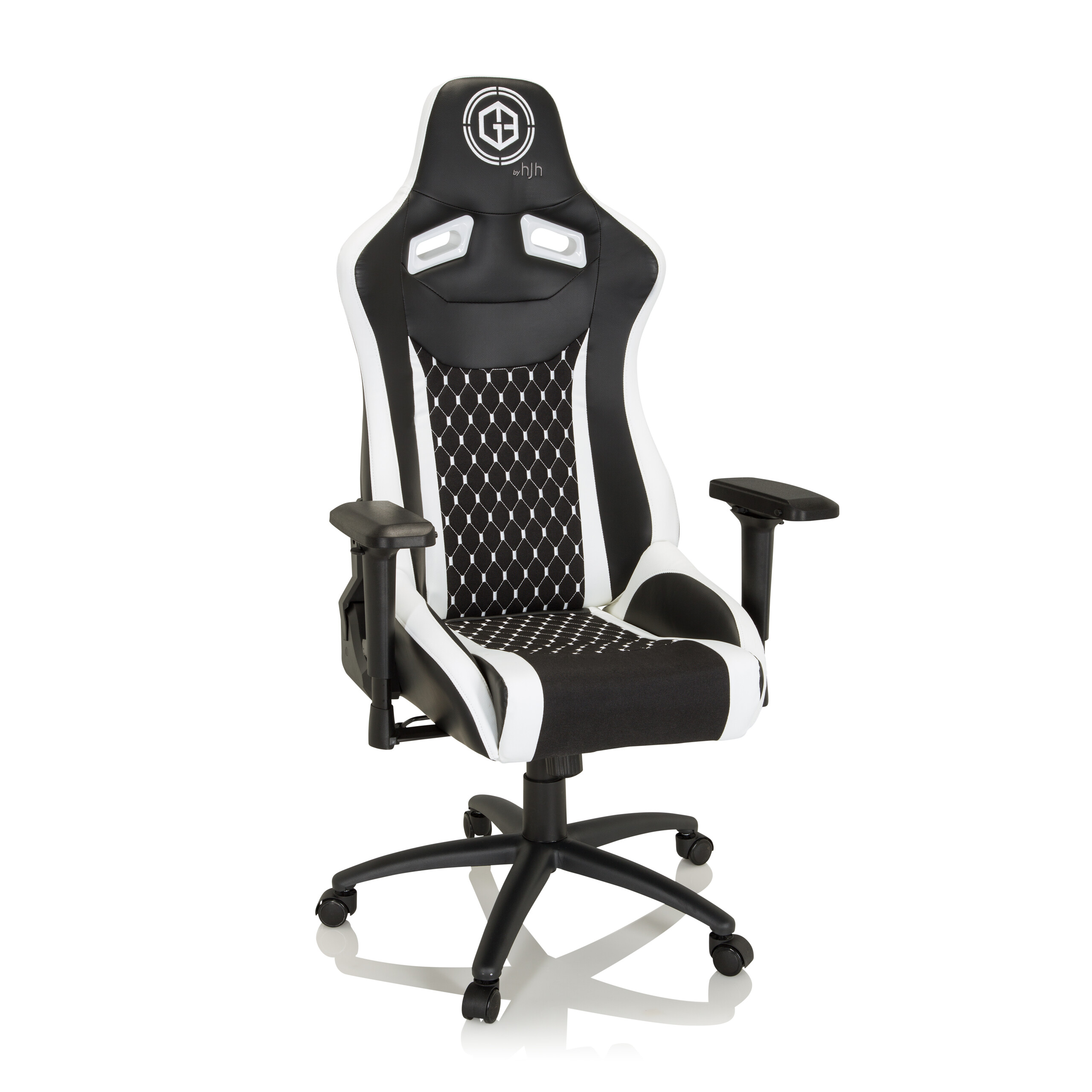 Schwarzer und weißer Gaming-Stuhl mit Muster auf der Sitzfläche und Rückenlehne.