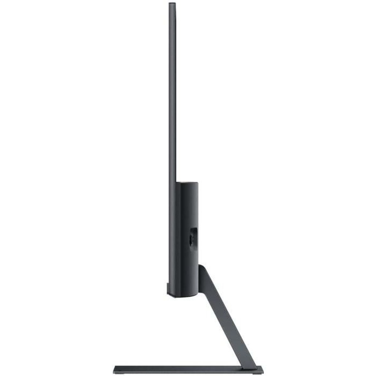 Widok z boku czarnego monitora z wąską ramką i smukłym stojakiem.