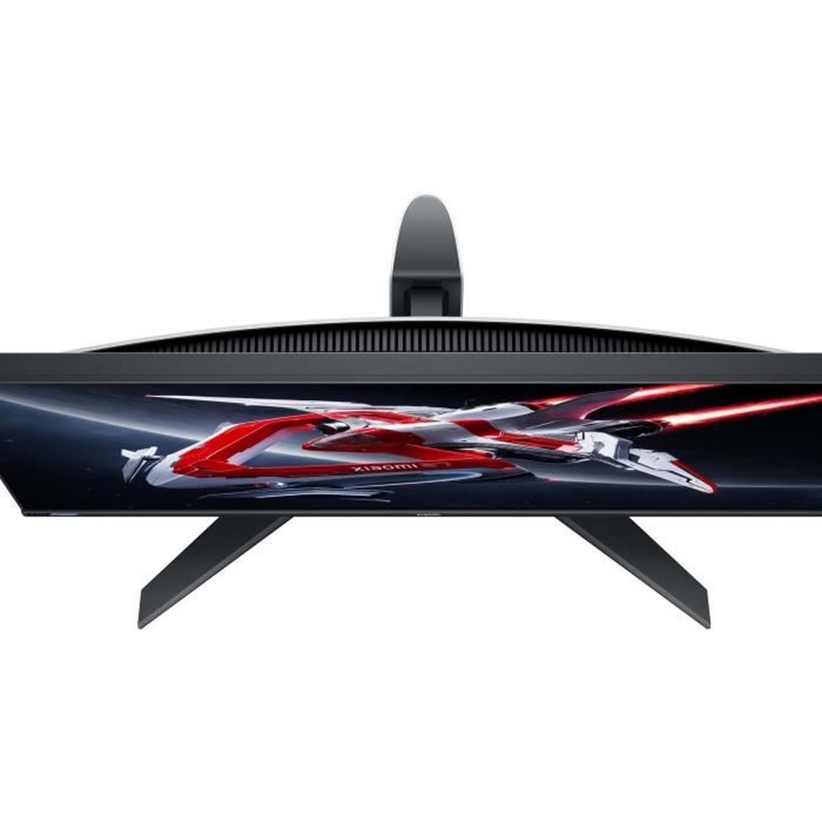 Monitor z tapetą statku kosmicznego i czarnym stojakiem.