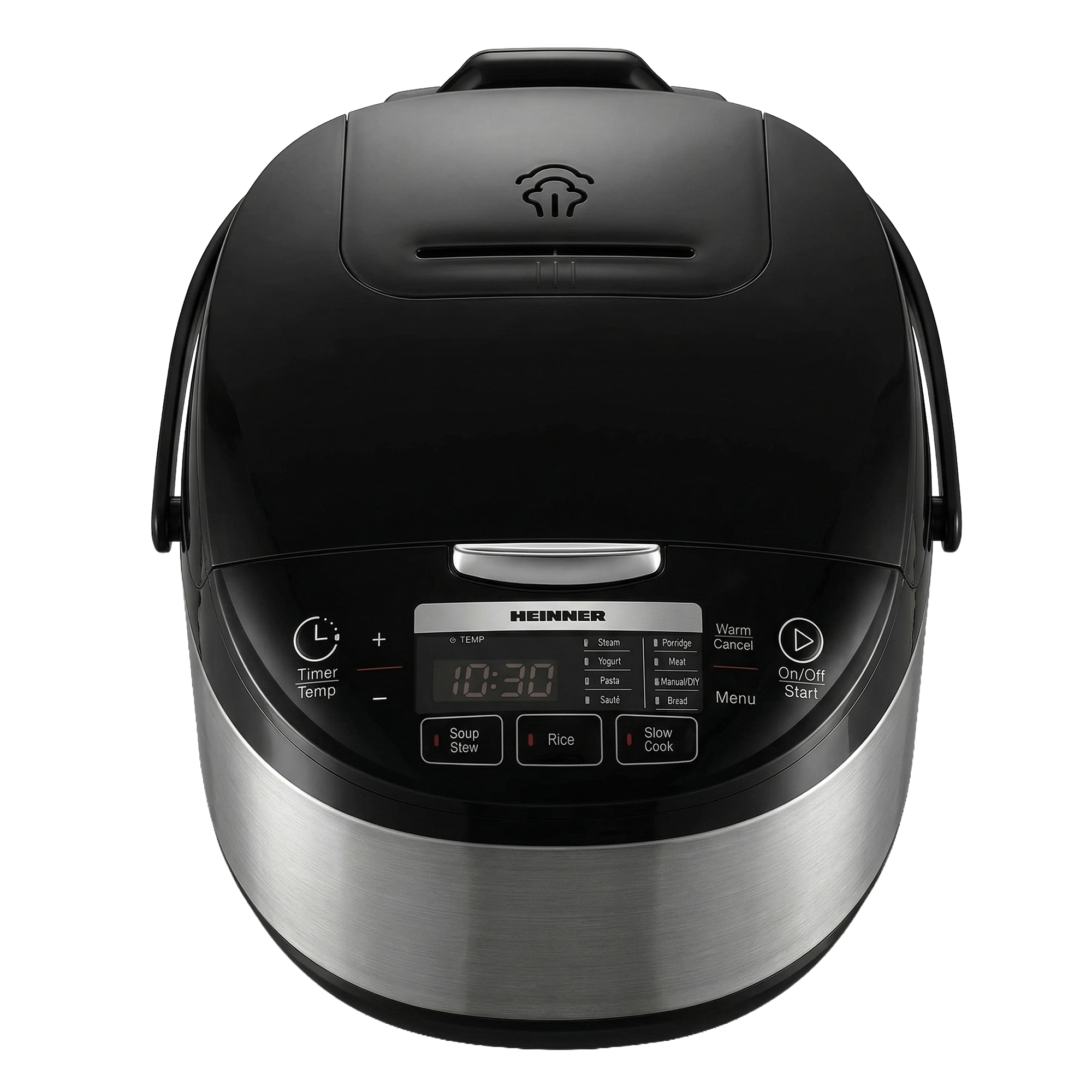 A black multicooker with a silver base and digital display showing 10:30.