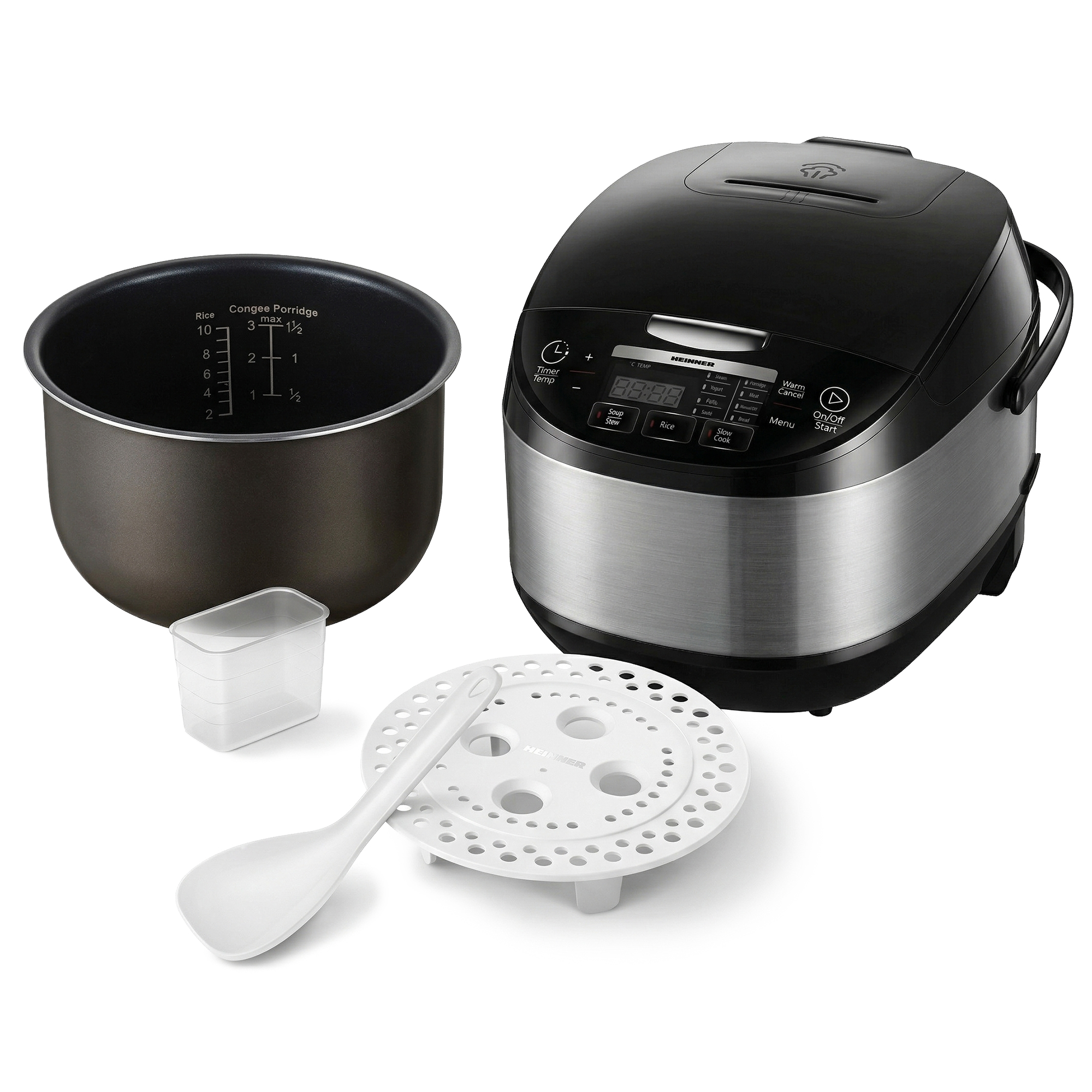 A black rice cooker with accessories: inner pot, measuring cup, steamer basket, and spoon.