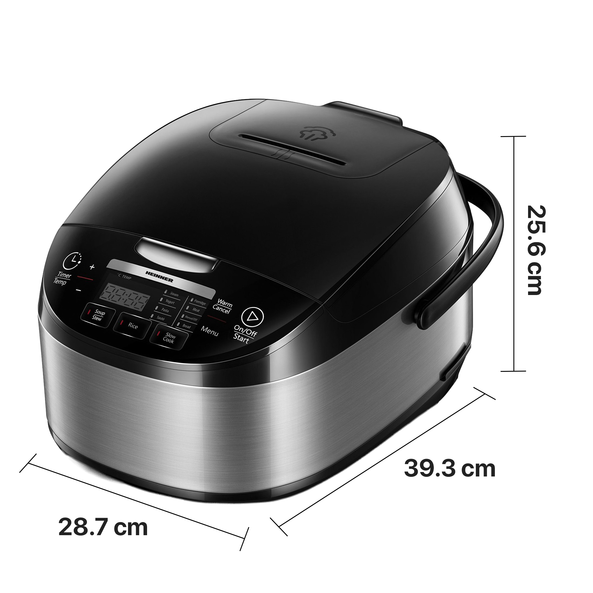 Black rice cooker with silver base and control panel. Dimensions: 39.3 x 28.7 x 25.6 cm.