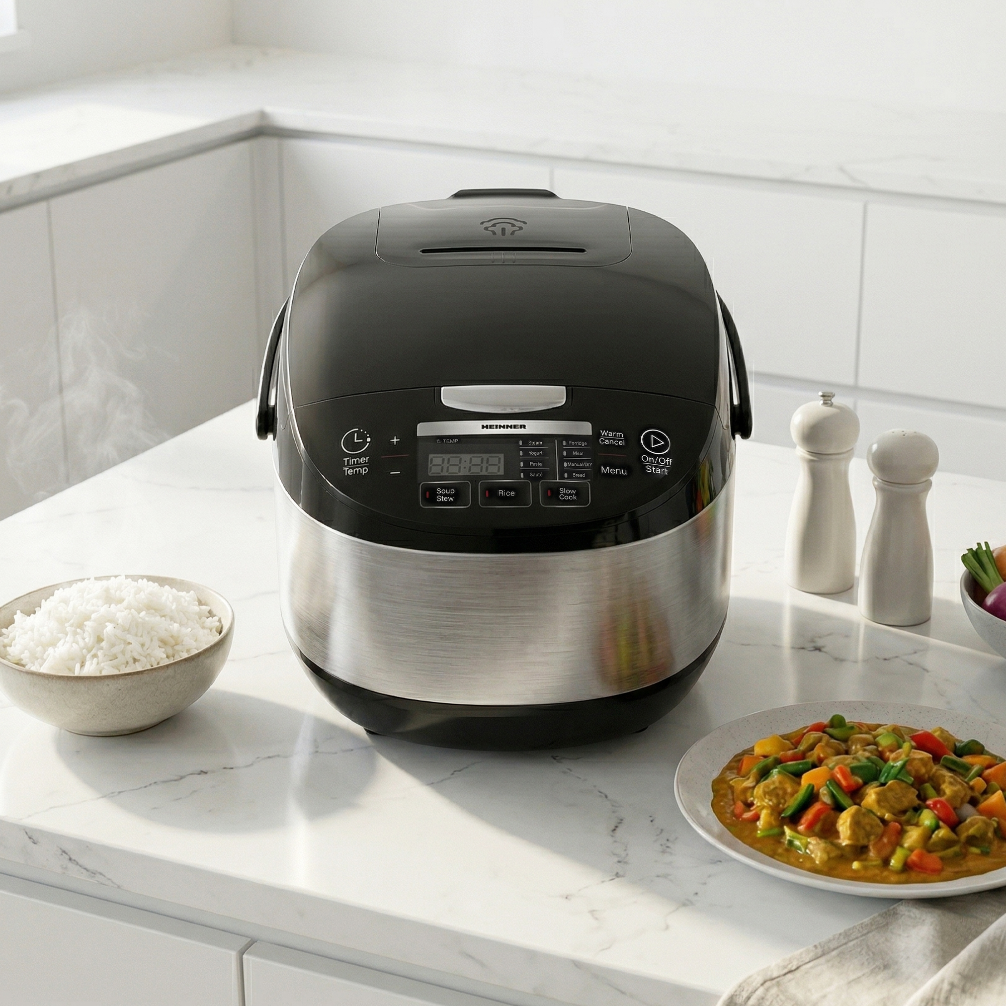 A black rice cooker with steamed rice and curry on a marble countertop.