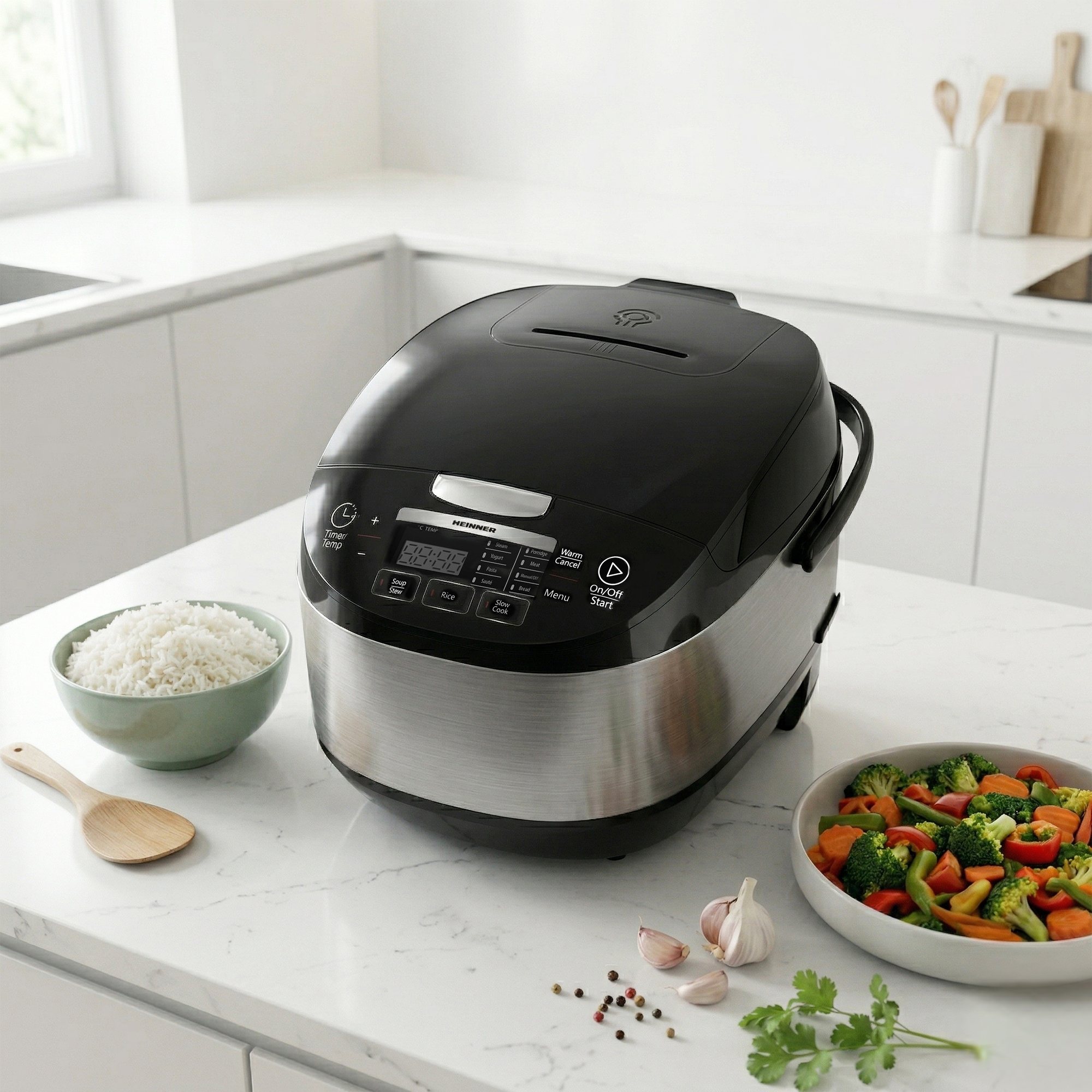 A black rice cooker with control buttons, next to it a bowl of rice and vegetables.