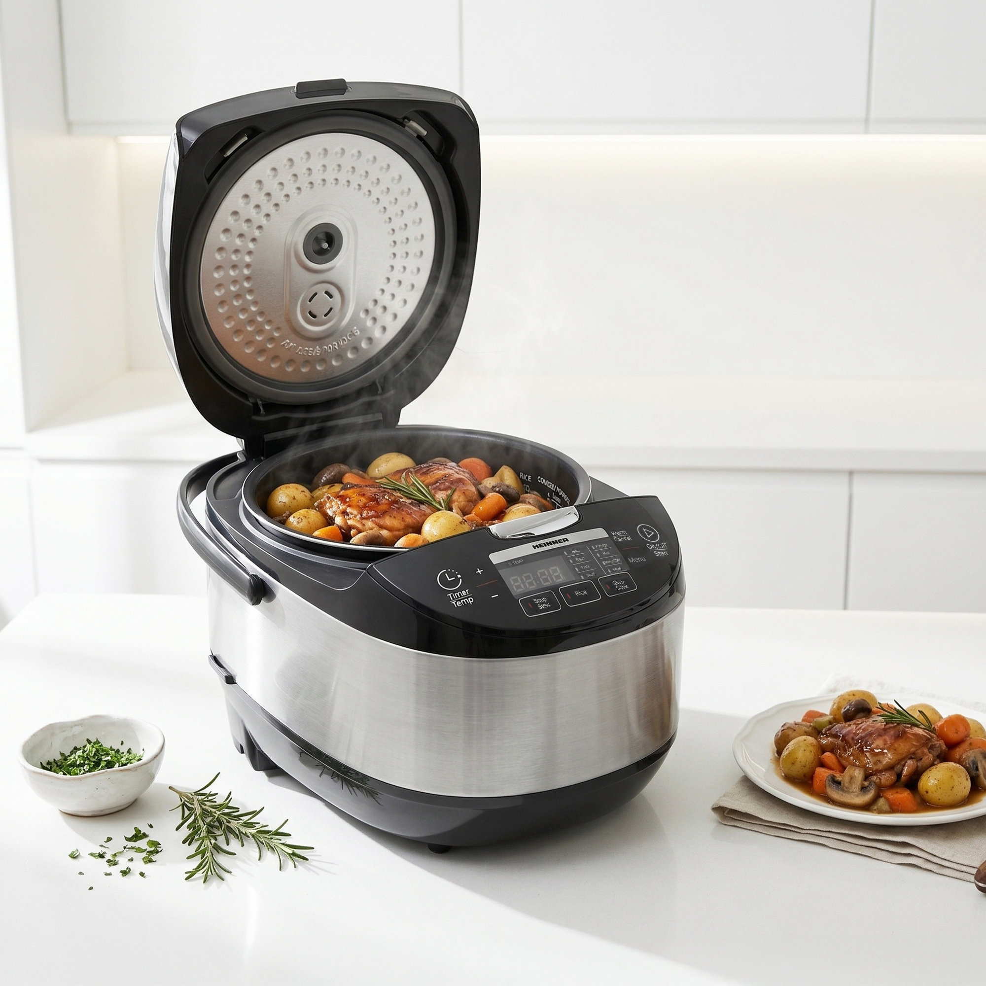 An open multicooker with chicken, potatoes, and carrots inside.