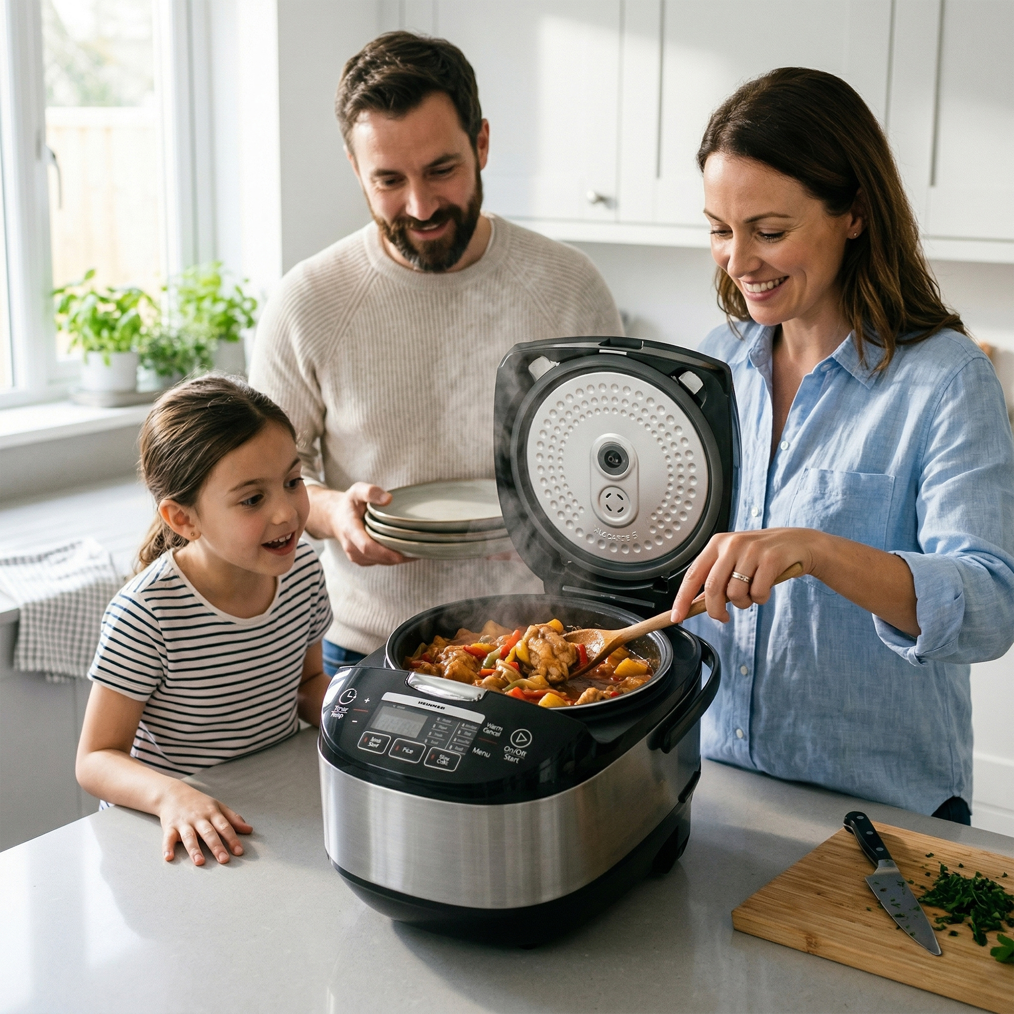 A family cooks in a modern kitchen using a steaming multicooker with a meal.