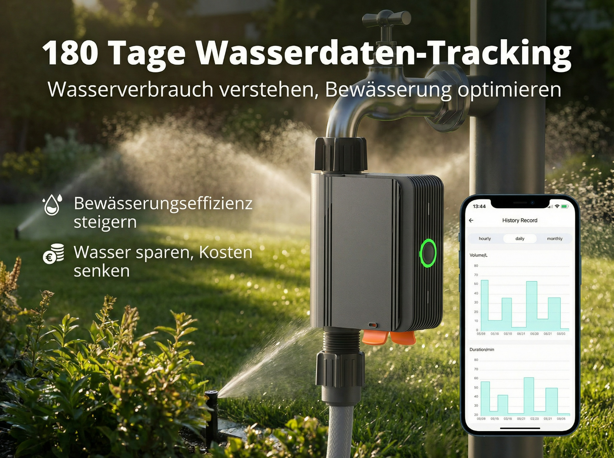 Gartenbewässerungs-Tracker mit Wasserhahn, Sprinklern und Smartphone-App.