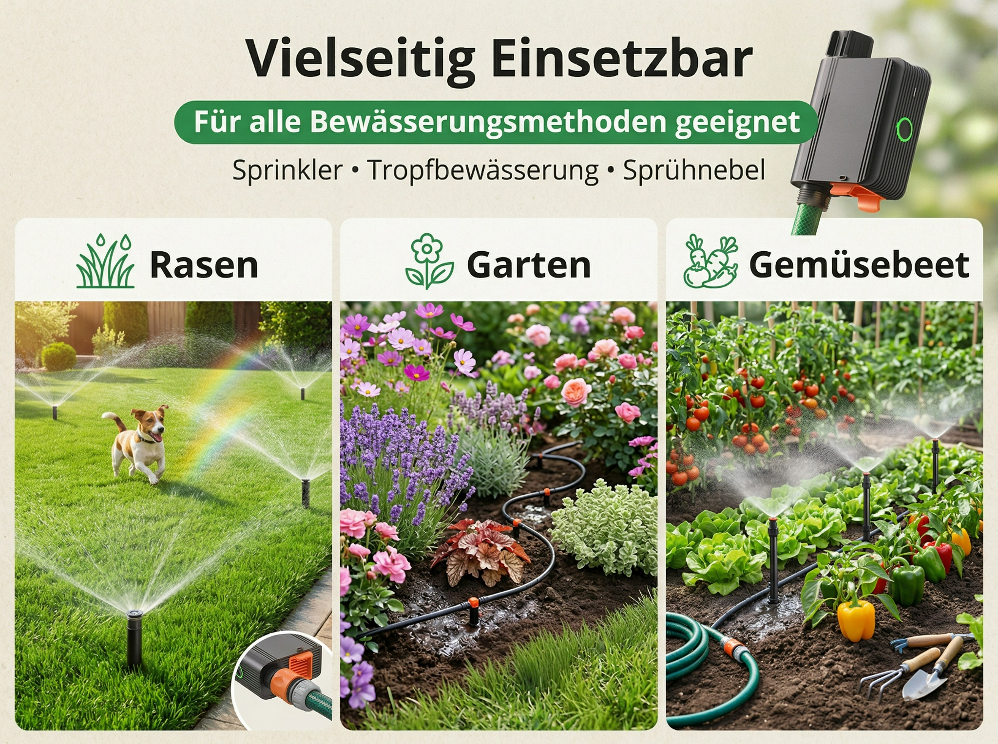 Bild zeigt Rasen, Garten & Gemüsebeet mit Bewässerungssystemen.