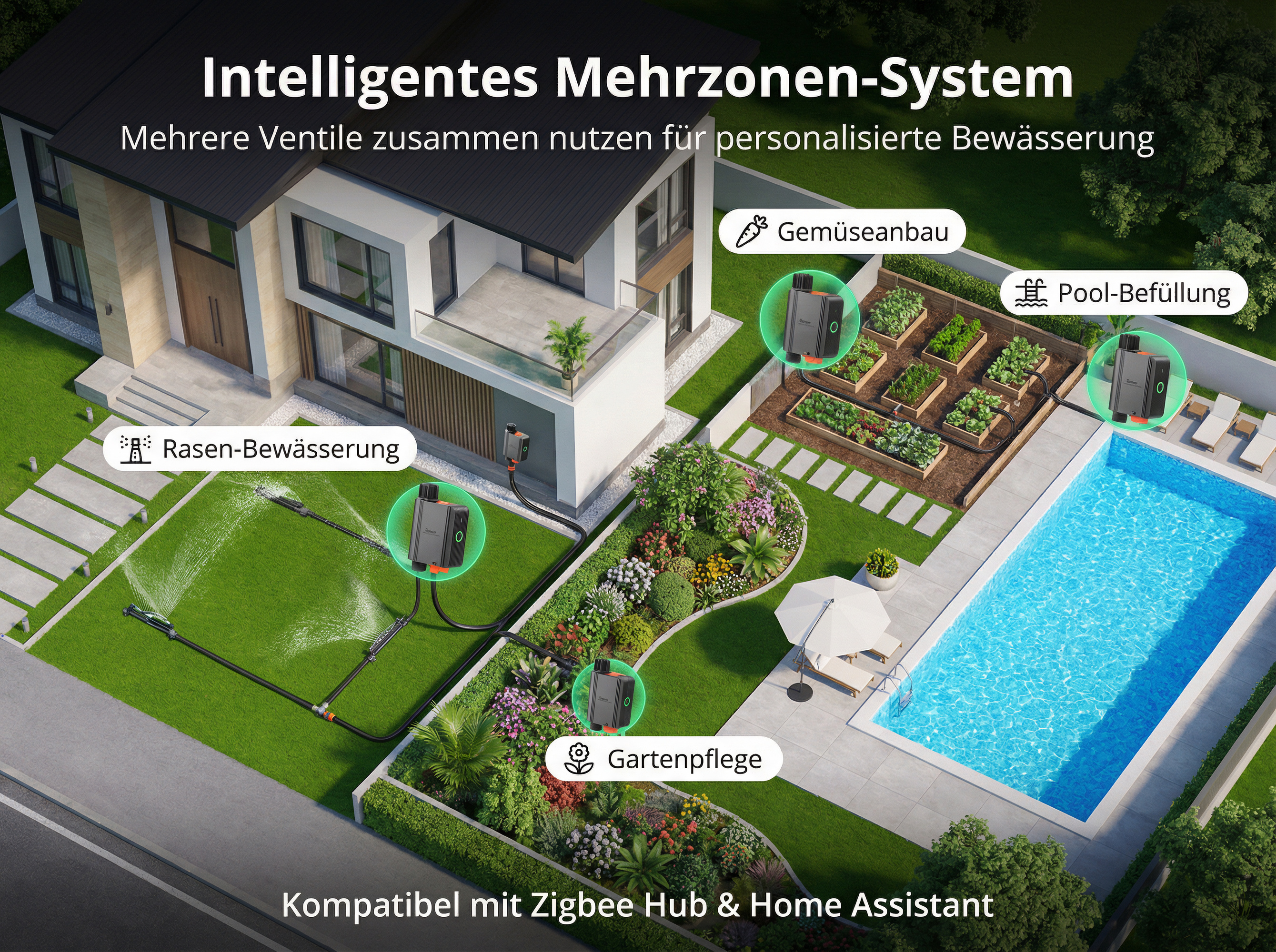 Modernes Haus mit Bewässerungssystem für Rasen, Garten, Gemüse & Pool.