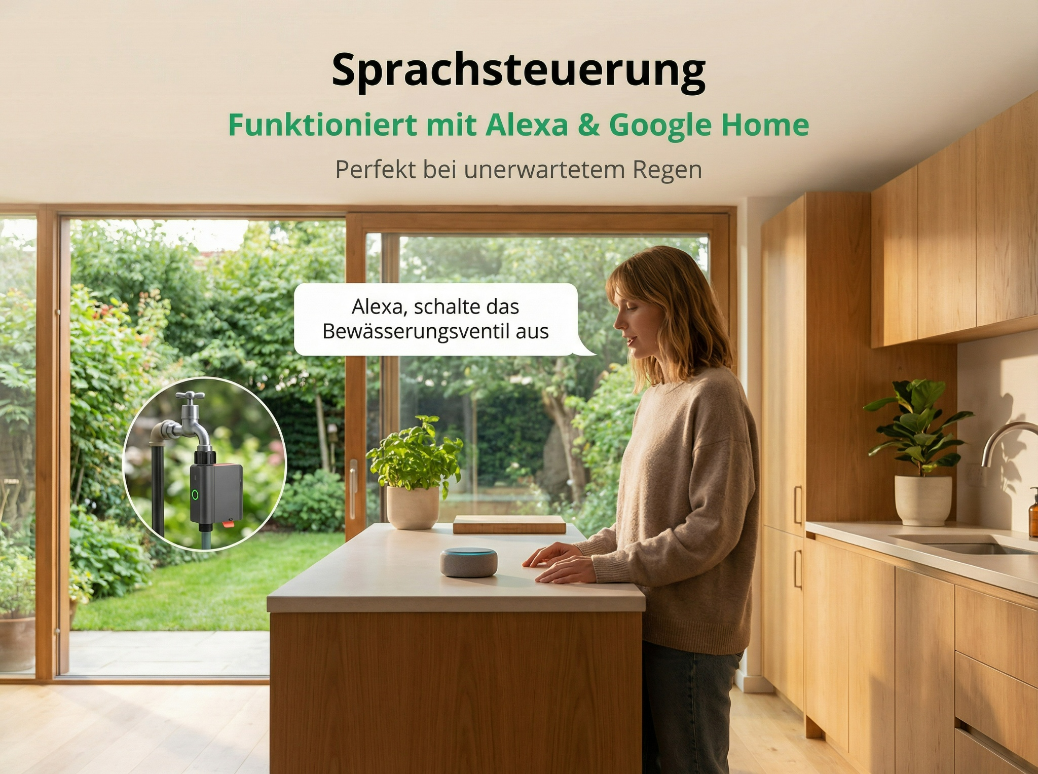 Frau spricht mit Alexa-Gerät in moderner Küche. Gartenbewässerungssystem wird gezeigt.