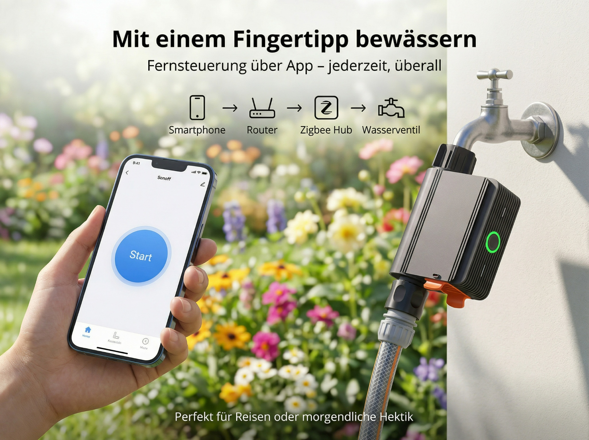 Ein Smartphone steuert per App einen Wasserhahn in einem Garten mit Blumen.