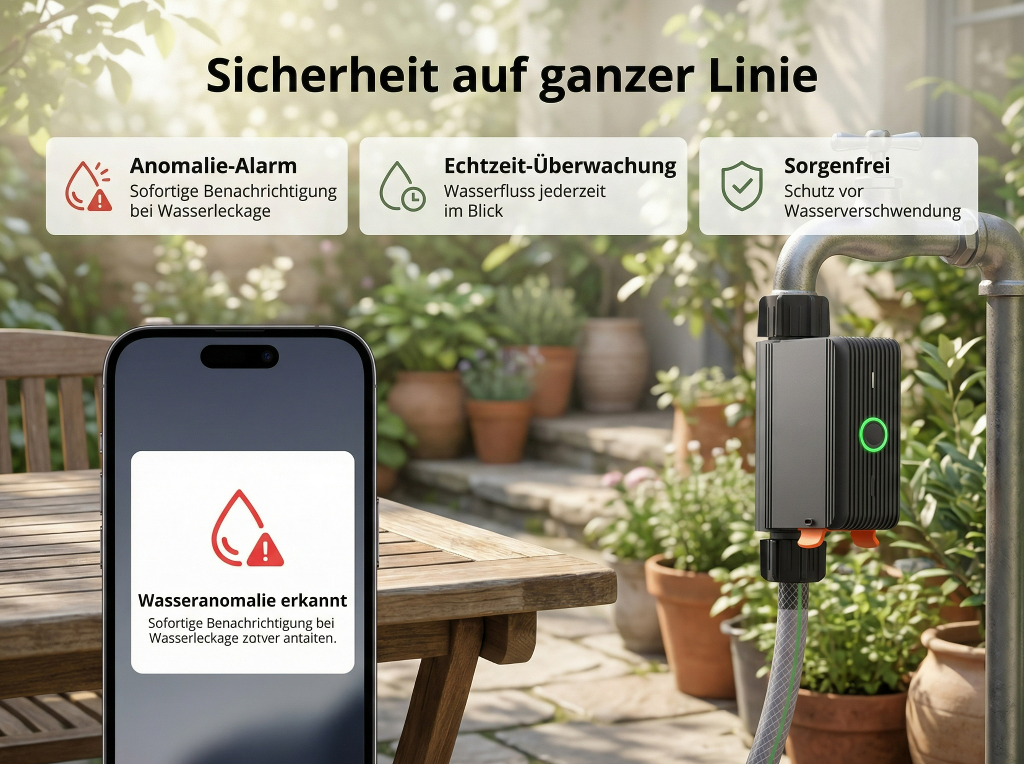 Ein Smartphone zeigt eine Wasseranomalie-Warnung. Ein Gerät ist an einem Wasserhahn angeschlossen.