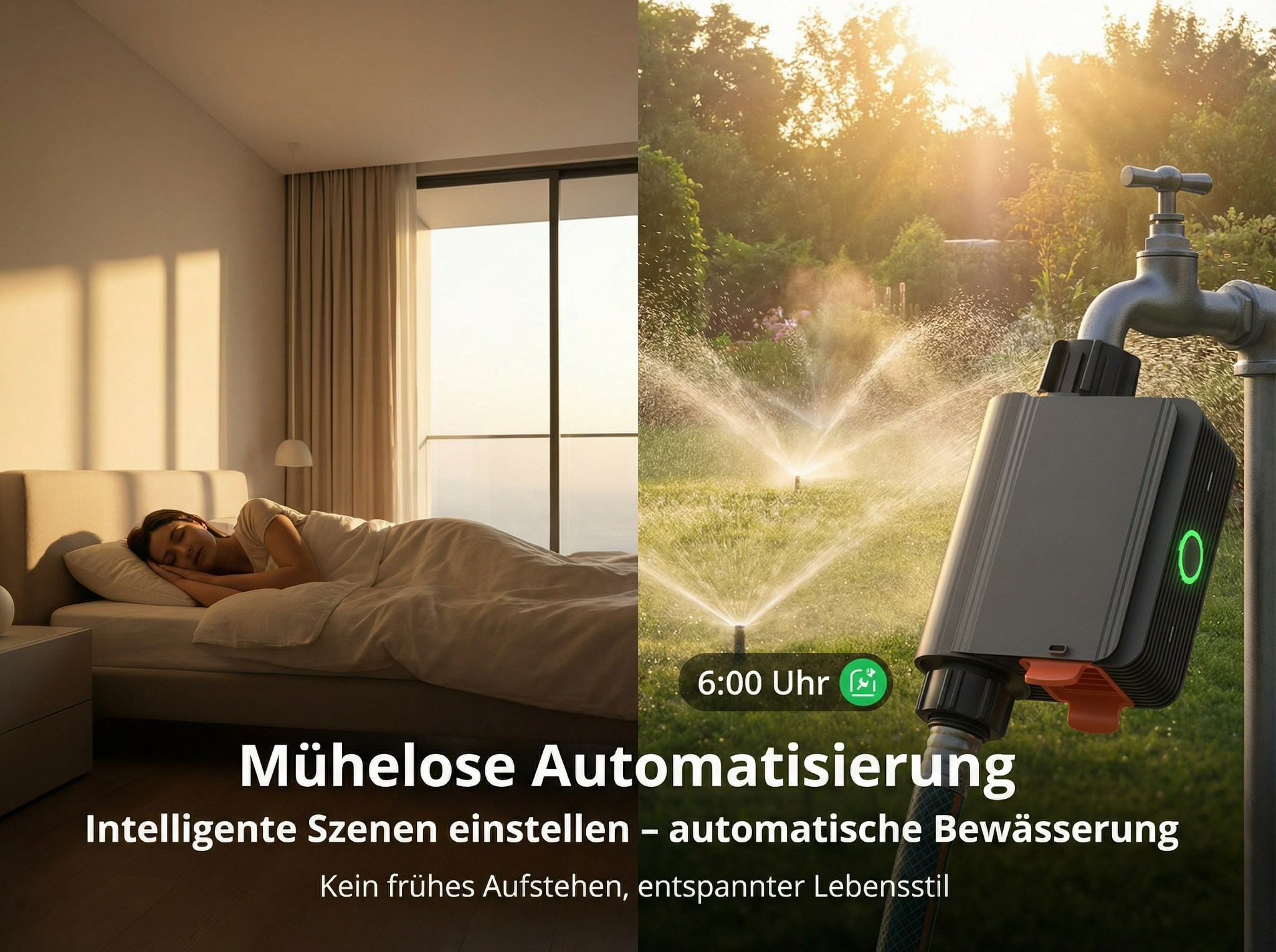 Frau schläft im Bett, während im Garten eine Bewässerungsanlage läuft.