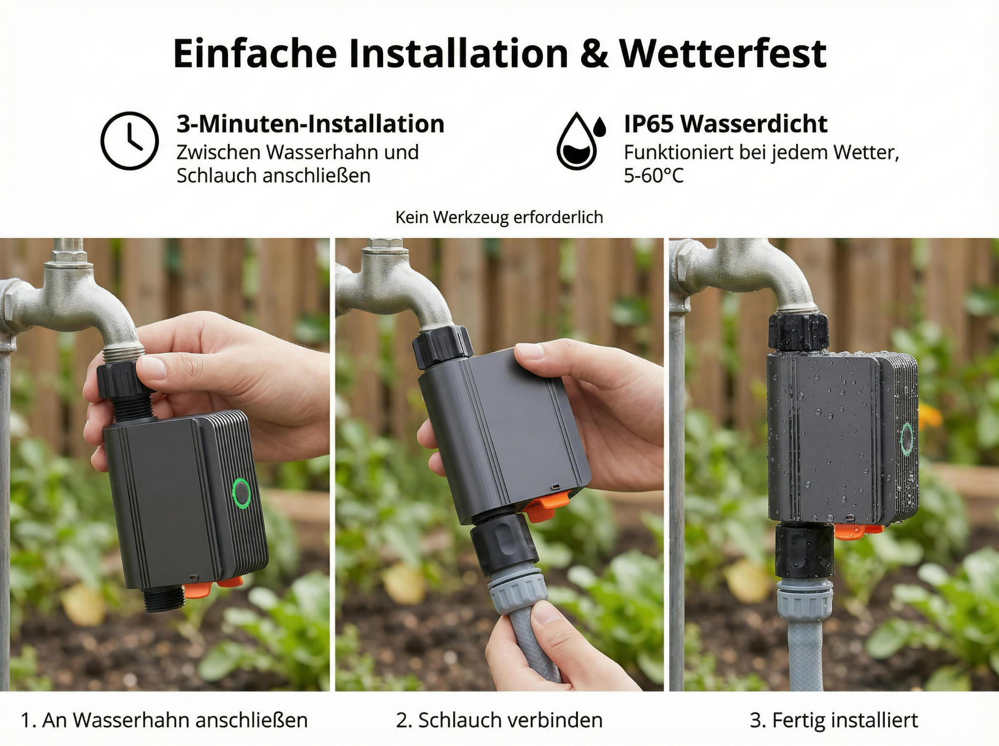 Installation eines smarten Wasserreglers in drei Schritten: Anschließen, Verbinden, Fertig.
