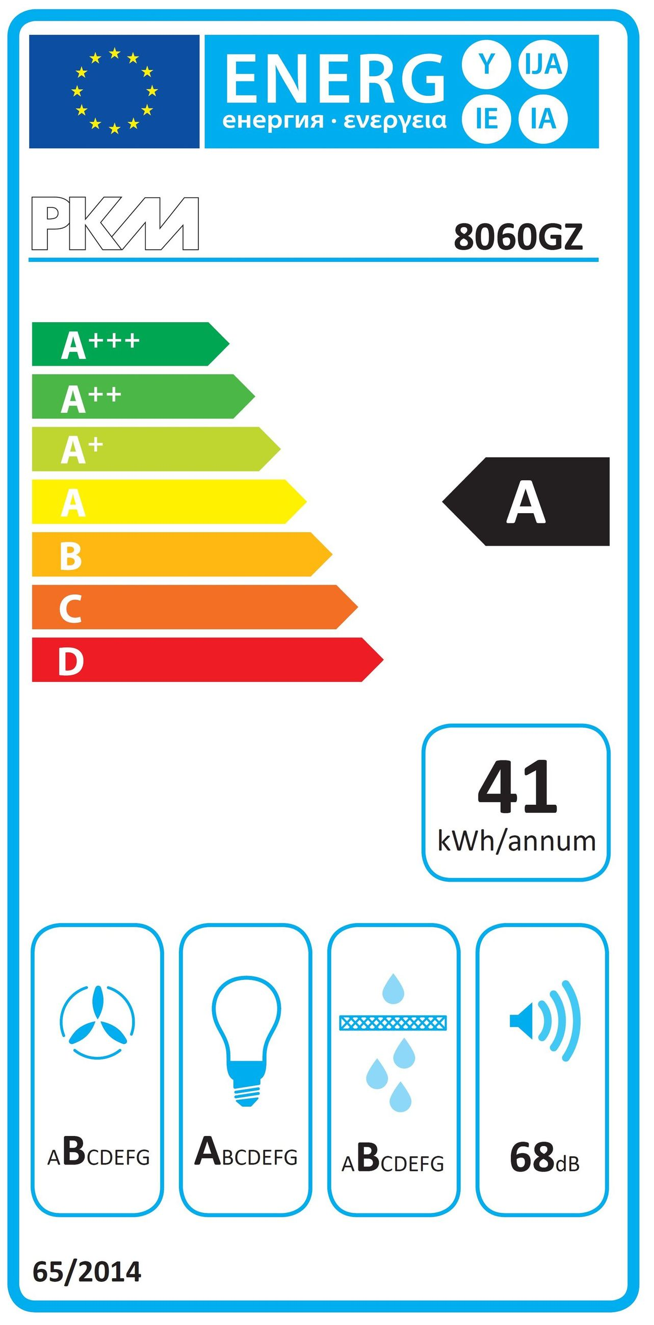 Energieeffizienzlabel mit Klasse A, 41 kWh/annum, 68 dB Geräuschpegel.