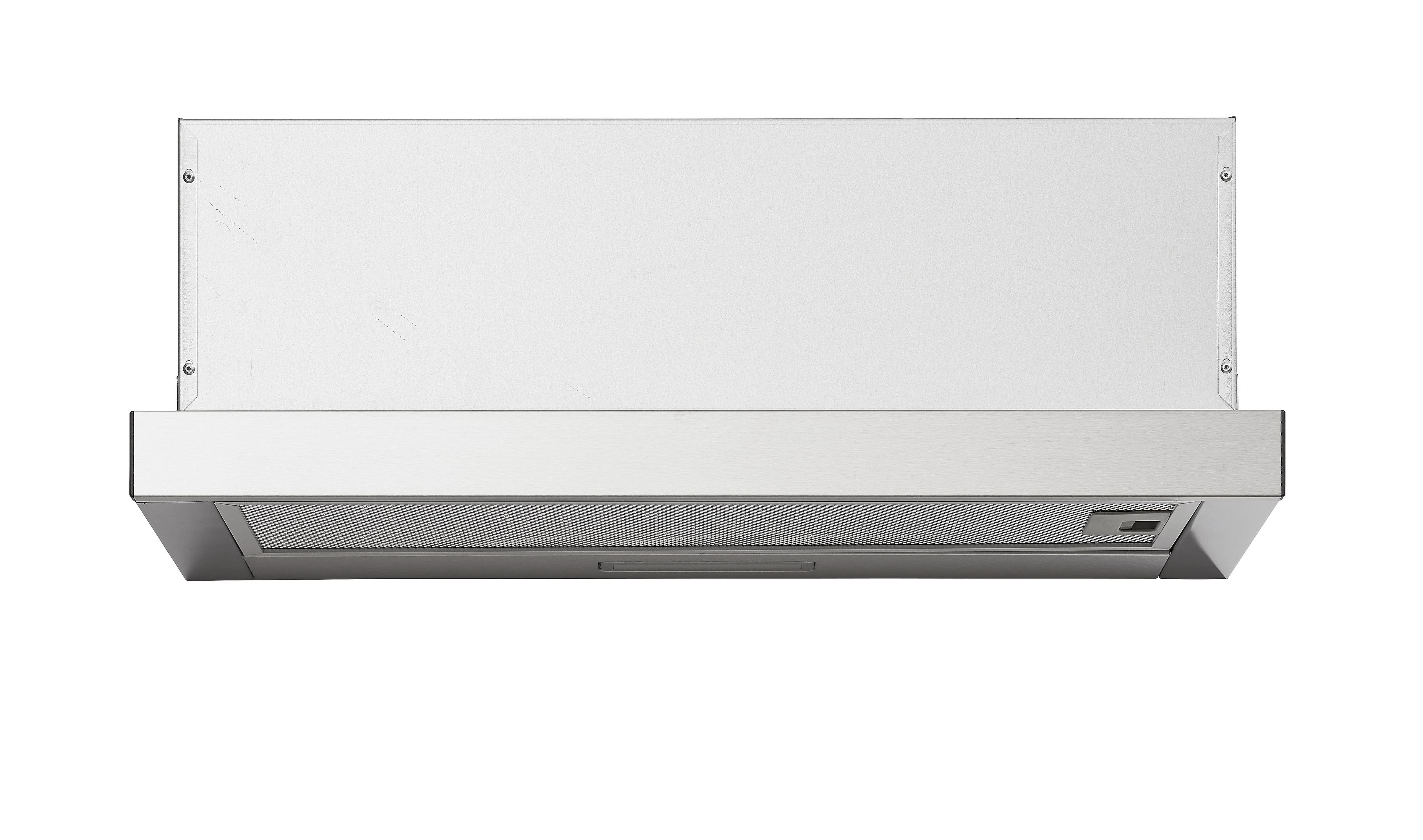 Eine Edelstahl-Dunstabzugshaube mit sichtbaren Schrauben und Lüftungsgitter.