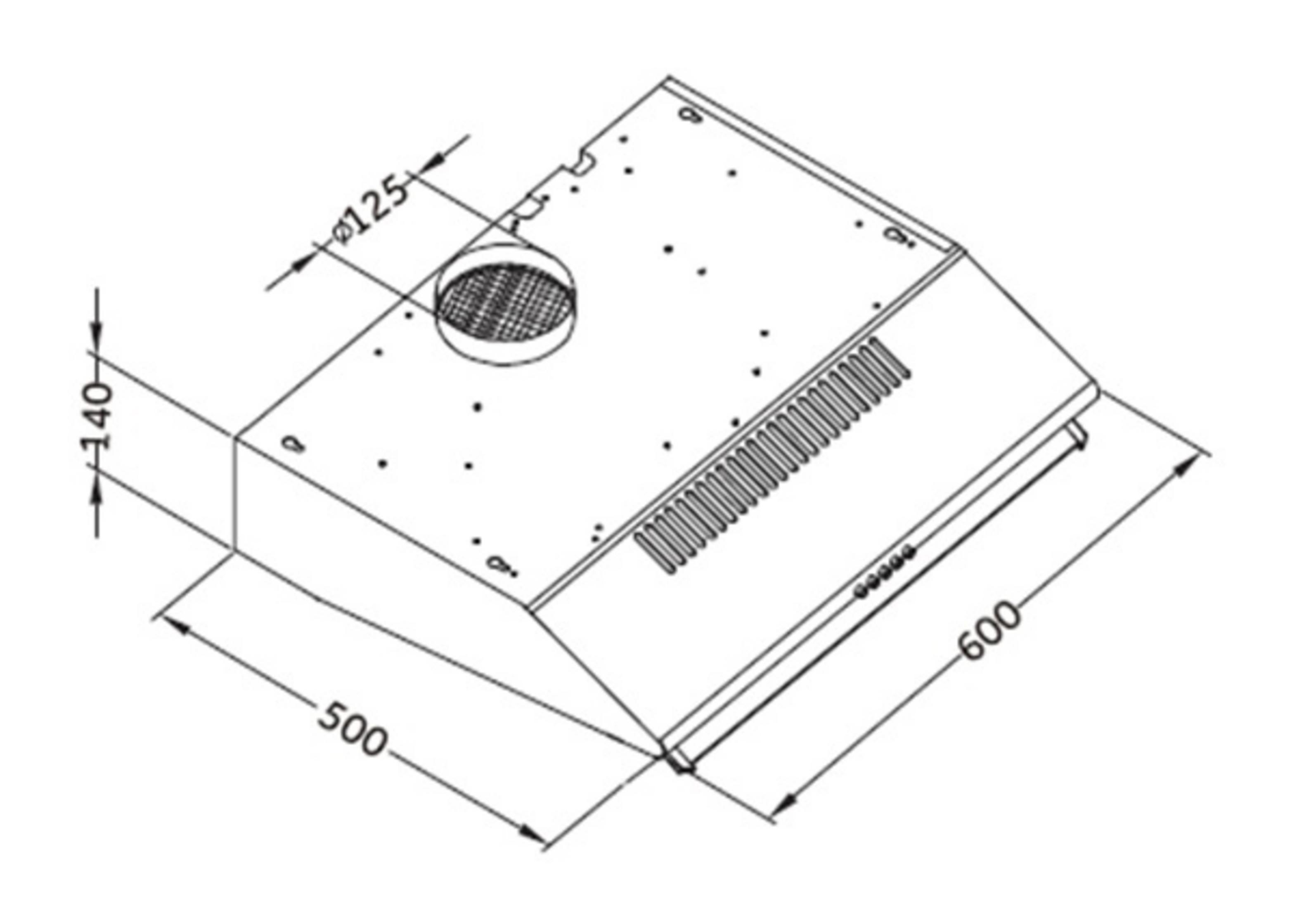 Technische Zeichnung einer Dunstabzugshaube mit Maßen 500x600x140mm.