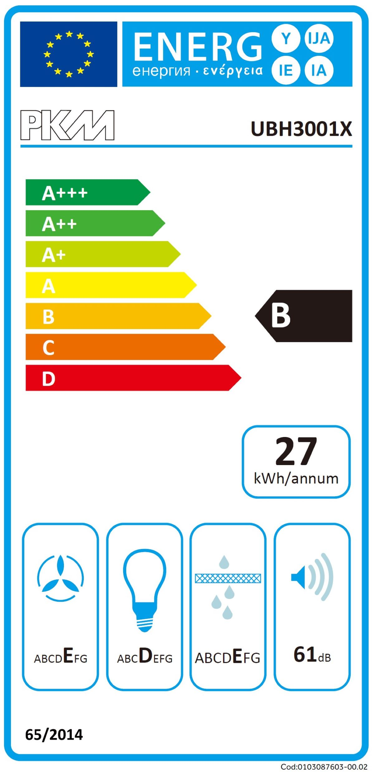 Energielabel für PKM UBH3001X, Energieeffizienzklasse B, 27 kWh/Jahr.