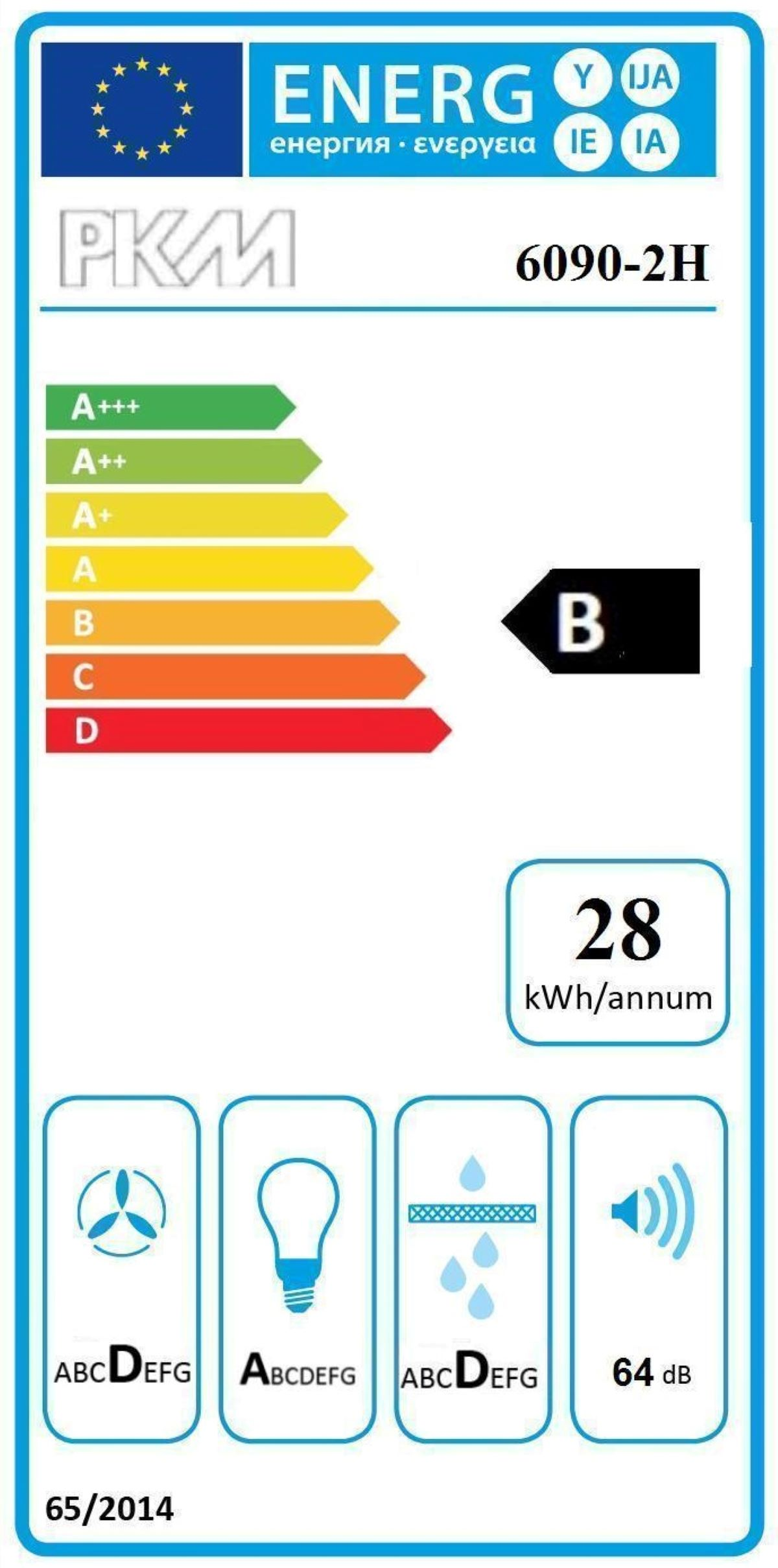Energielabel mit Energieeffizienzklasse B, 28 kWh/Jahr, 64 dB Lautstärke.